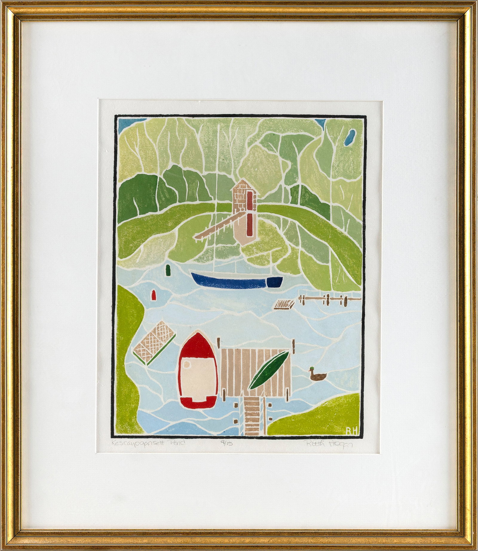RUTH D. HOGAN (Massachusetts/New Mexico, 1943-), "Kescayoganset Pond"., White-line color woodcut, (1 of 2)