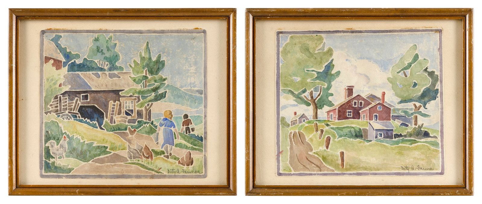 BETTY FARMER (Massachusetts, 20th Century), Two farm scenes., White-line color woodcuts, 7.5" x 9.5" (1 of 2)