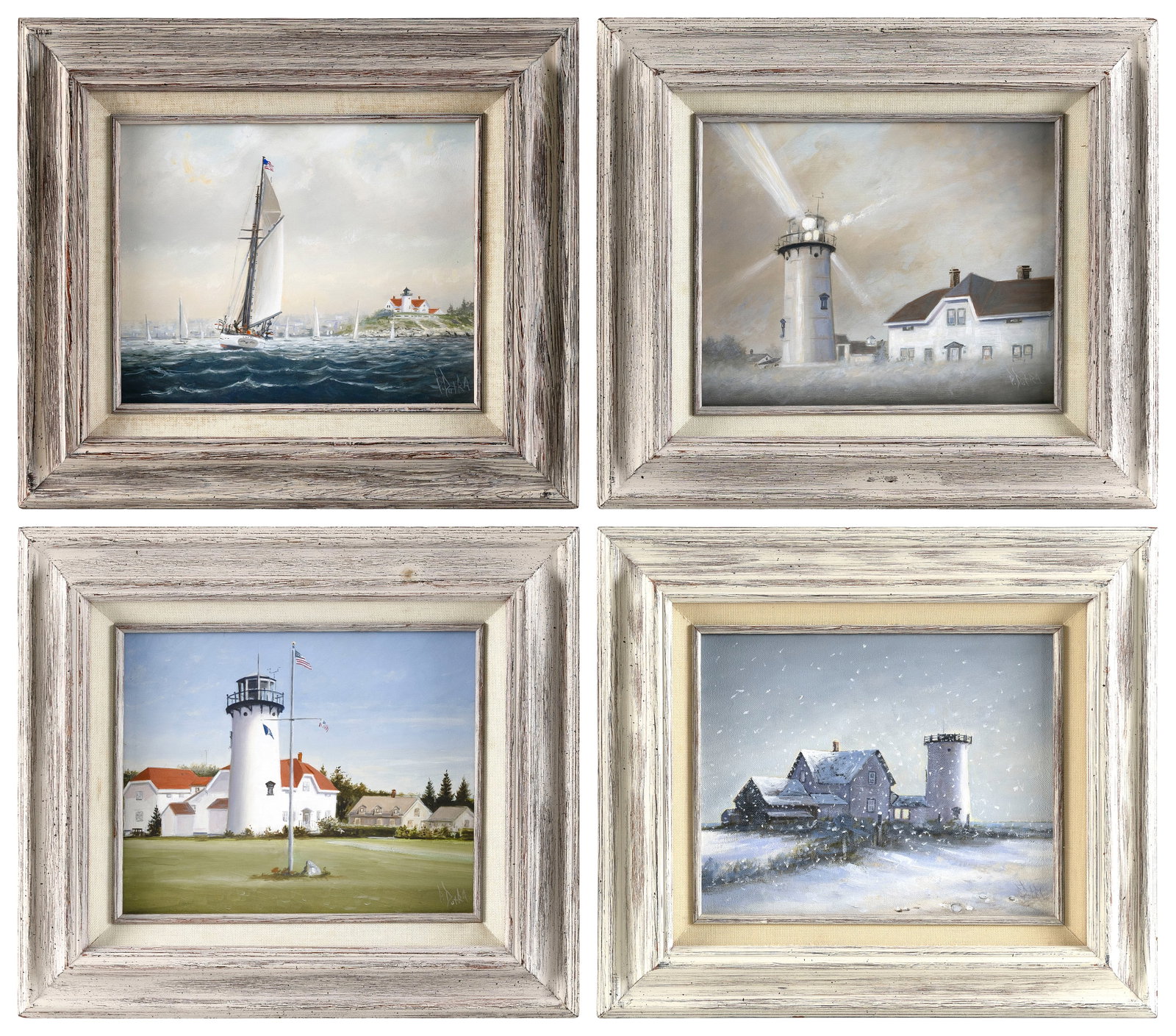 PETER LEWIS DUTRA (Massachusetts/Rhode Island, 1943-2018), Four views of lighthouses:, Oils on (1 of 5)