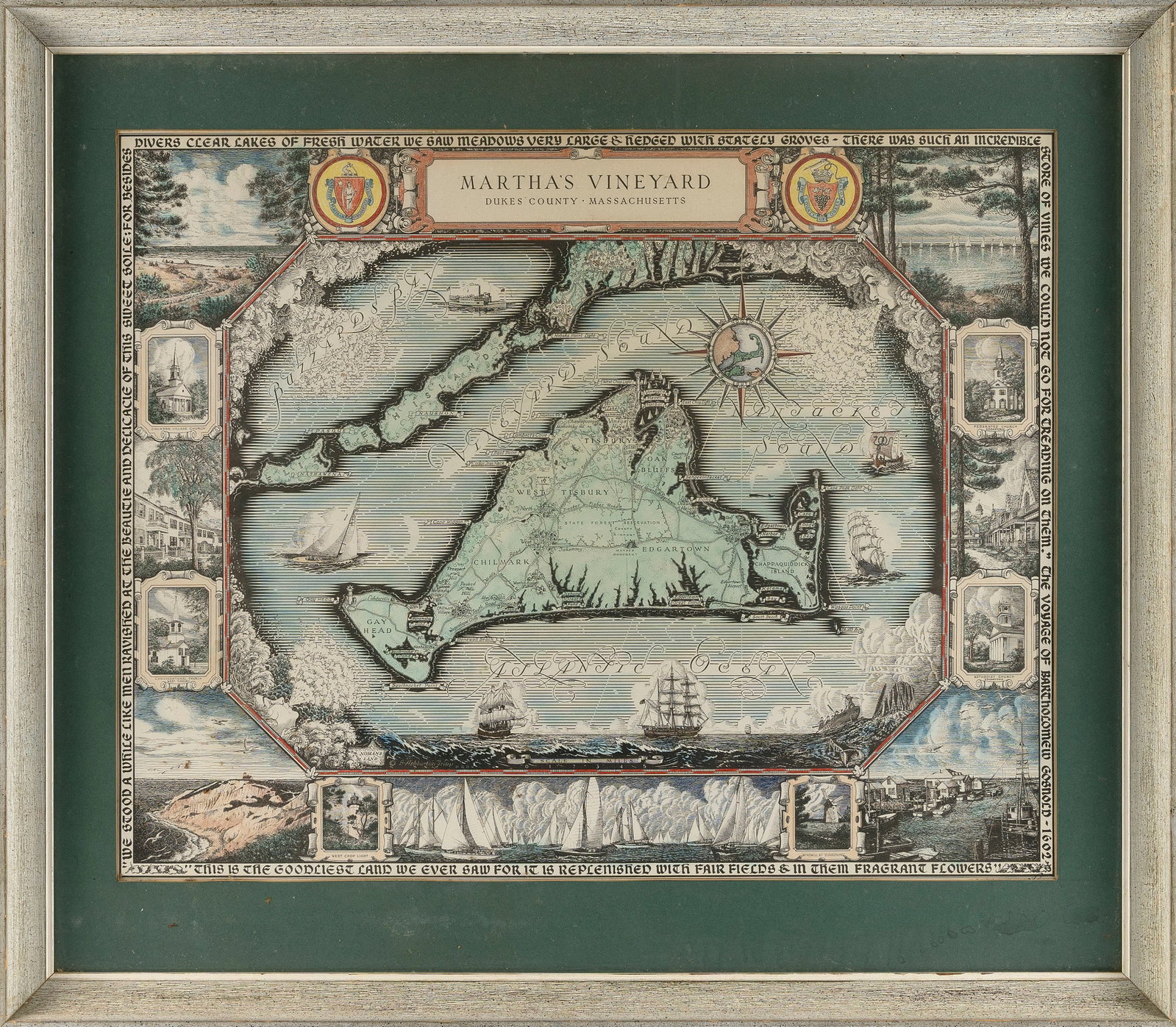 DECORATIVE PRINTED MAP OF MARTHA'S VINEYARD Circa 1930 24.5" x 30.5" sight. Framed 33" x 38". (1 of 2)