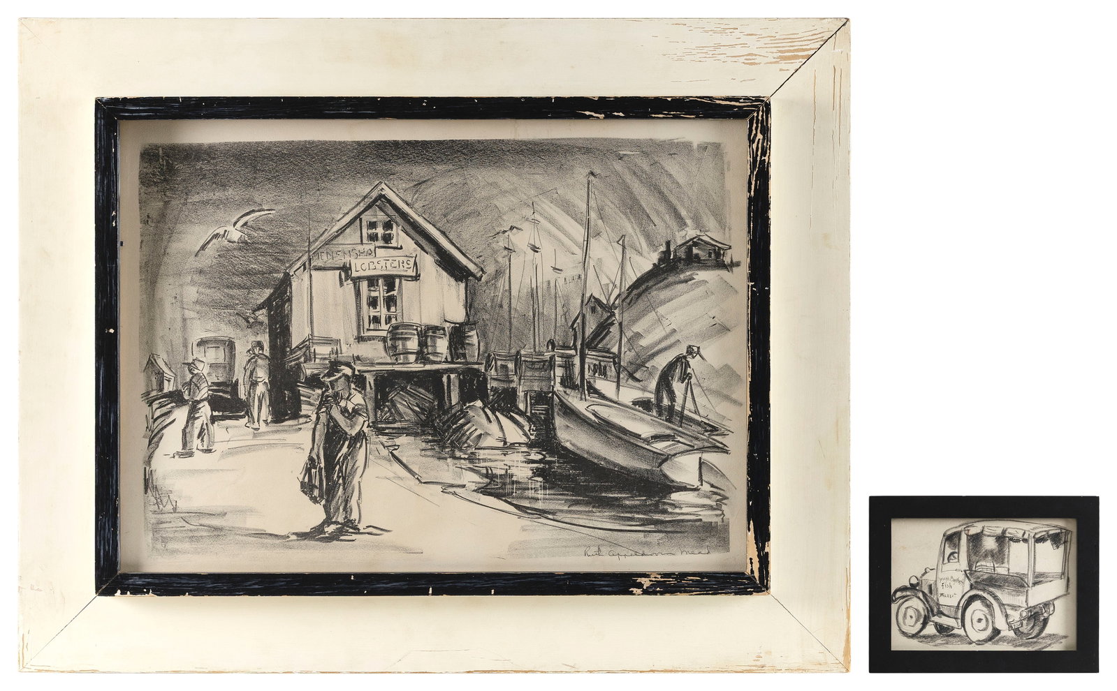 TWO MARTHA'S VINEYARD-RELATED WORKS 20th Century: TWO MARTHA'S VINEYARD-RELATED WORKS 20th Century 1) "Menemsha Lobsters" by Ruth Appleborn Mead. Signed in pencil lower right. Lithograph, 14" x 19.25". Framed 22.25" x 27.75". 2) "Joseph Baptist's Fis