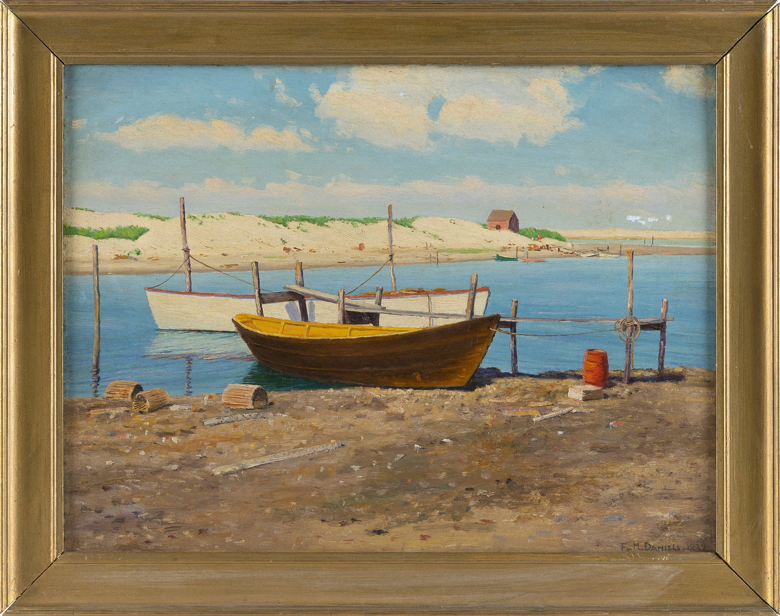 FRED HAMILTON DANIELS (Massachusetts/New York, 1872-1966), Dories at Menemsha, Oil on board, 12" x (1 of 2)
