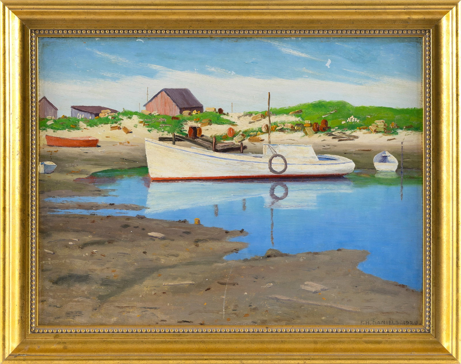 FRED HAMILTON DANIELS (Massachusetts/New York, 1872-1966), At Menemsha., Oil on board, 12" x 16".: FRED HAMILTON DANIELS Massachusetts/New York, 1872-1966 At Menemsha. Signed and dated lower right "F.H. 1929". Oil on board, 12" x 16". Framed 14.5" x 18.5".