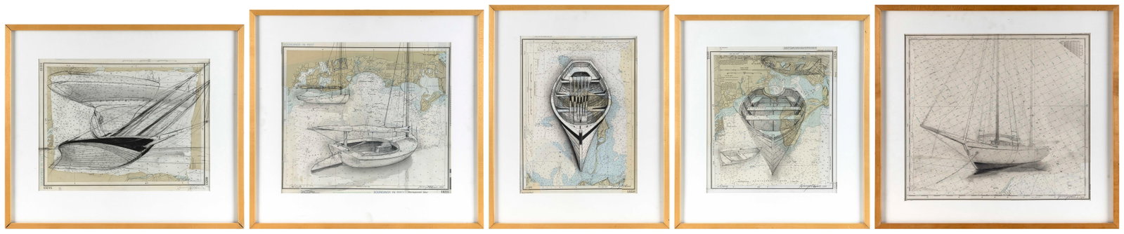 TERRY ELKINS (New York, Contemporary), Five drawings of boats., Pencil on marine charts, 16" x 14" (1 of 11)