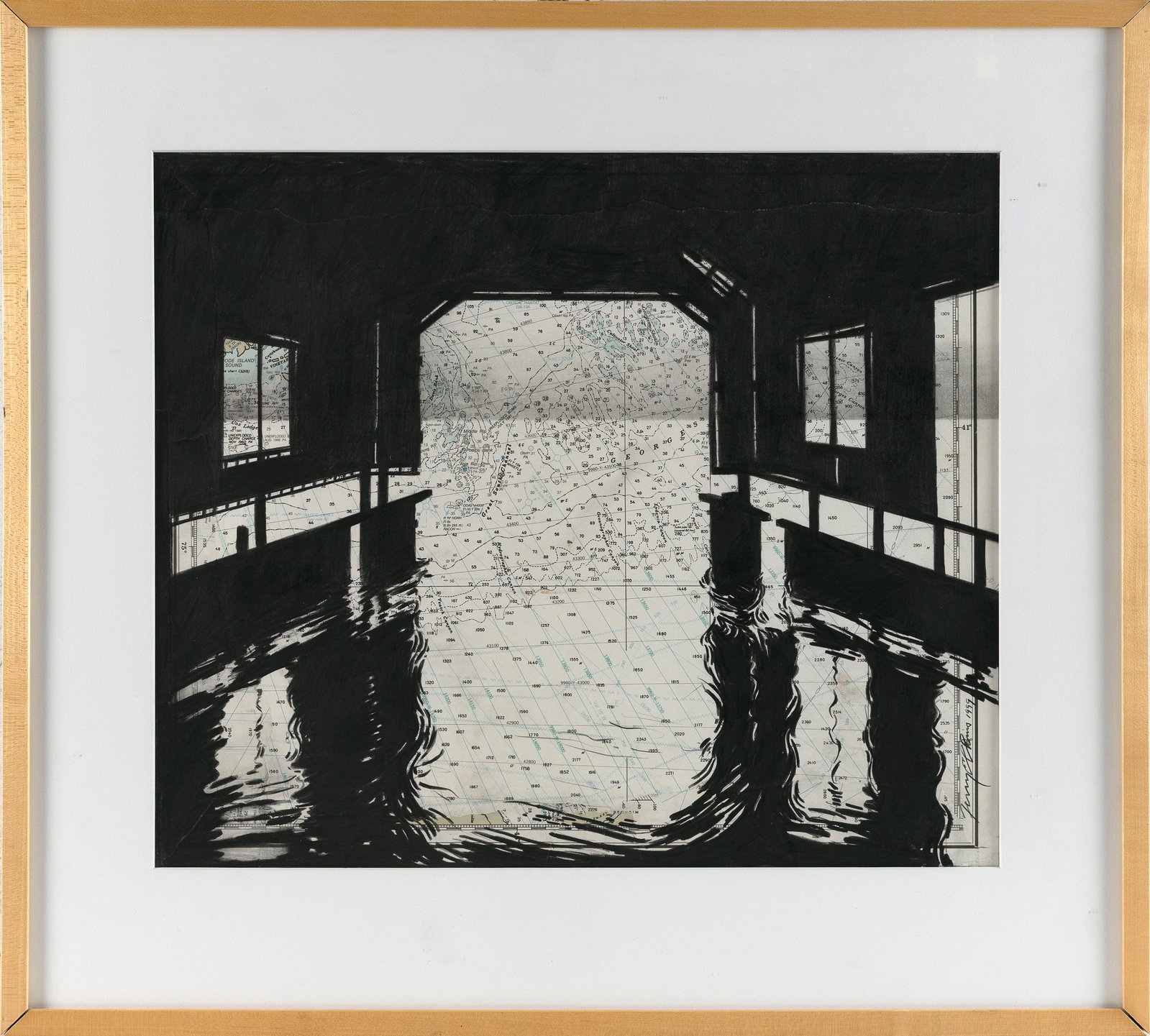 TERRY ELKINS (New York, 20th Century), Boathouse., On a nautical chart, 16.5" x 19". Framed 24" x (1 of 2)
