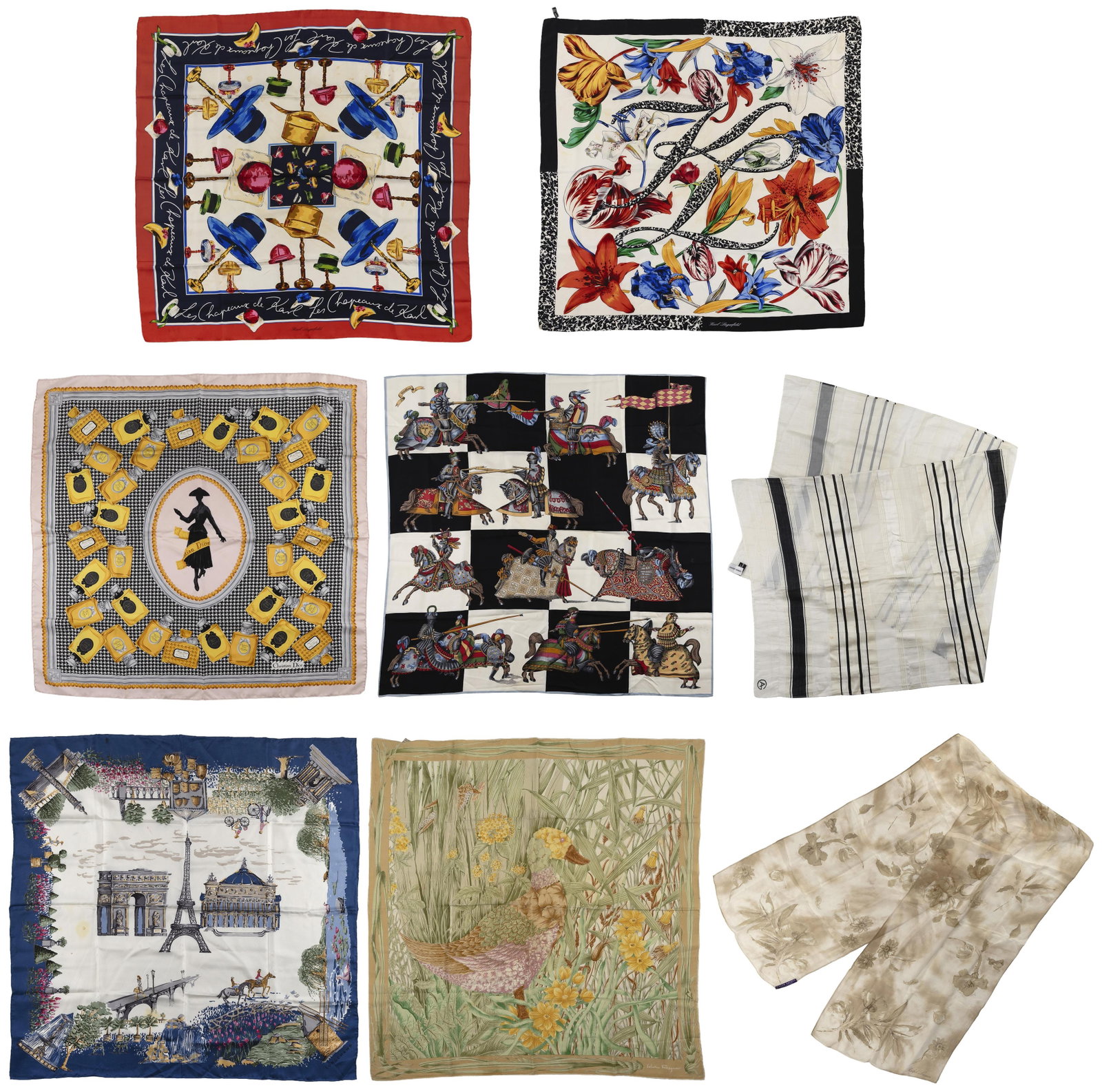 EIGHT DESIGNER SCARVES Late 20th/Early 21st Century: EIGHT DESIGNER SCARVES Late 20th/Early 21st Century 1) Karl Lagerfeld with vibrant floral design of lilies, tulips, roses and more, with an alternating black and mottled black and white border. Marked