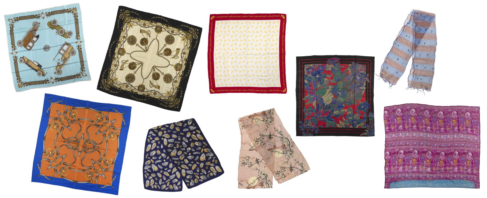 NINE SILK SCARVES Late 20th/Early 21st Century Lengths to approx 68". (1 of 10)