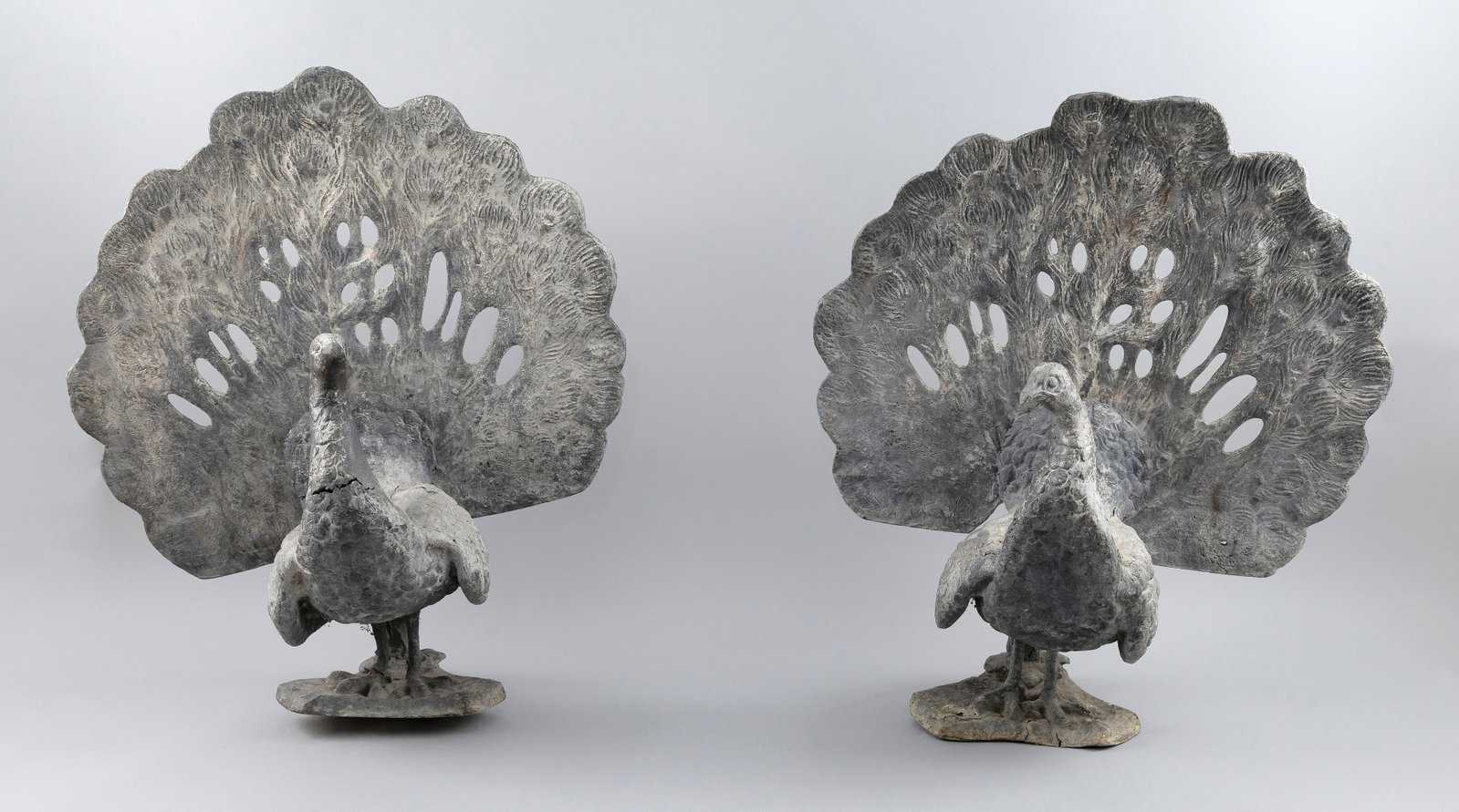 PAIR OF ENGLISH CAST LEAD GARDEN PEACOCKS 19th Century Heights 24". Widths 20". Depths 9". (1 of 4)
