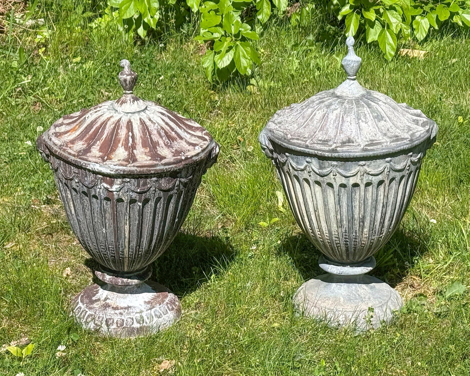 PAIR OF ENGLISH CAST LEAD CLASSICAL GARDEN URNS Early 20th Century Heights 24". (1 of 4)