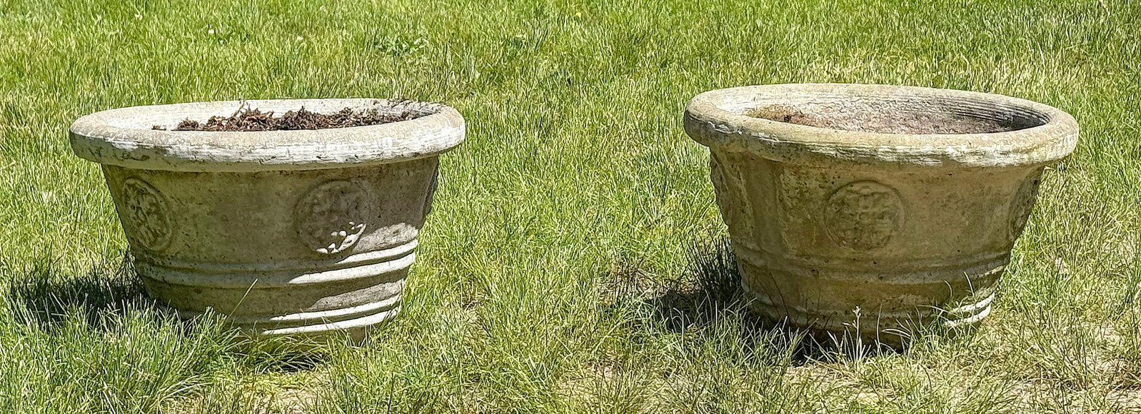PAIR OF CEMENT GARDEN PLANTERS 20th Century Heights 13". Diameters 20". (1 of 3)