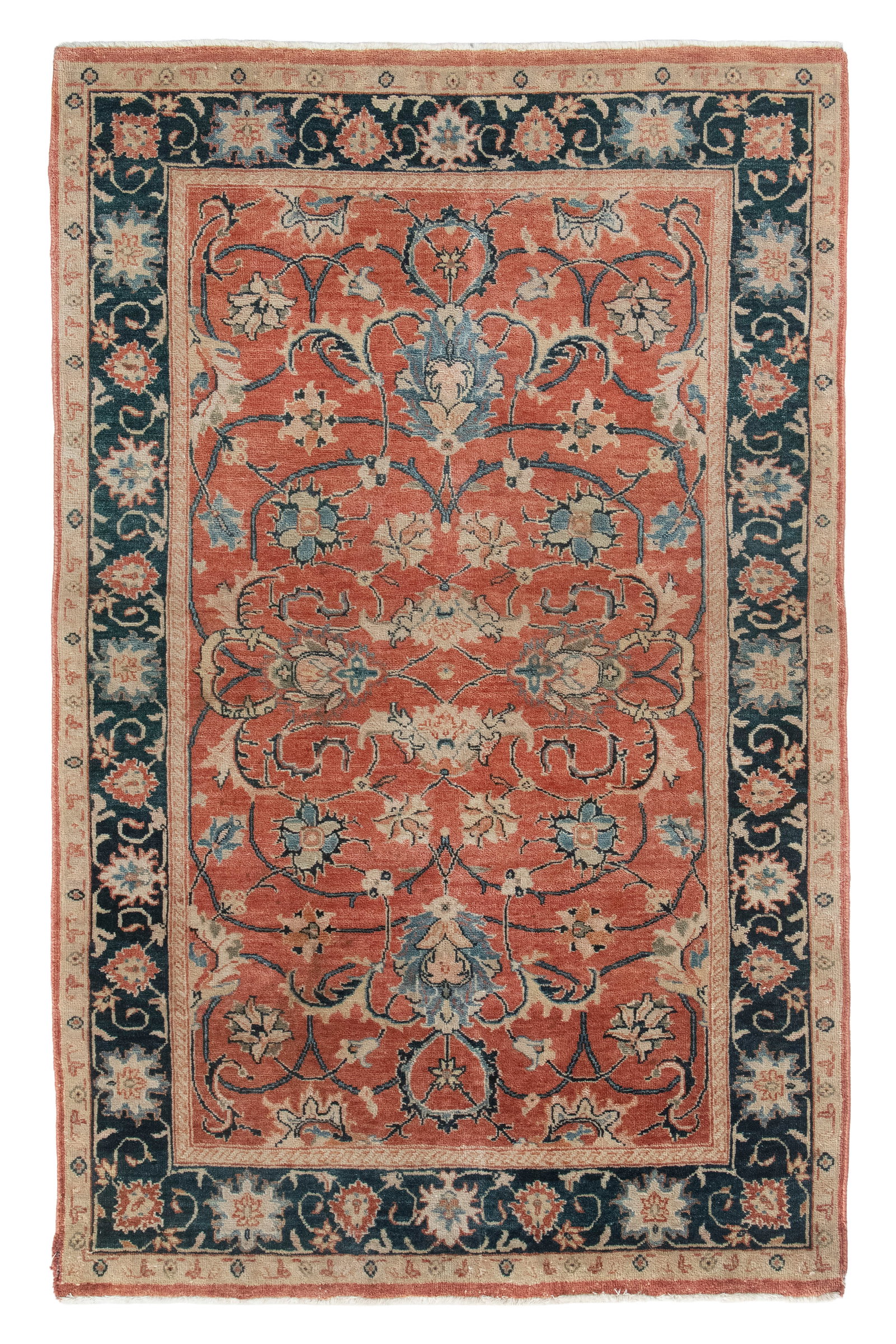 MAHAL DESIGN RUG: 4'0" X 6'3" Late 20th Century: MAHAL DESIGN RUG: 4'0" X 6'3" Late 20th Century Terracotta field with a neat array of gracefully curving delicate blue vines bearing blossoms, palmettes and Shah Abbas motifs in muted blue, tan,