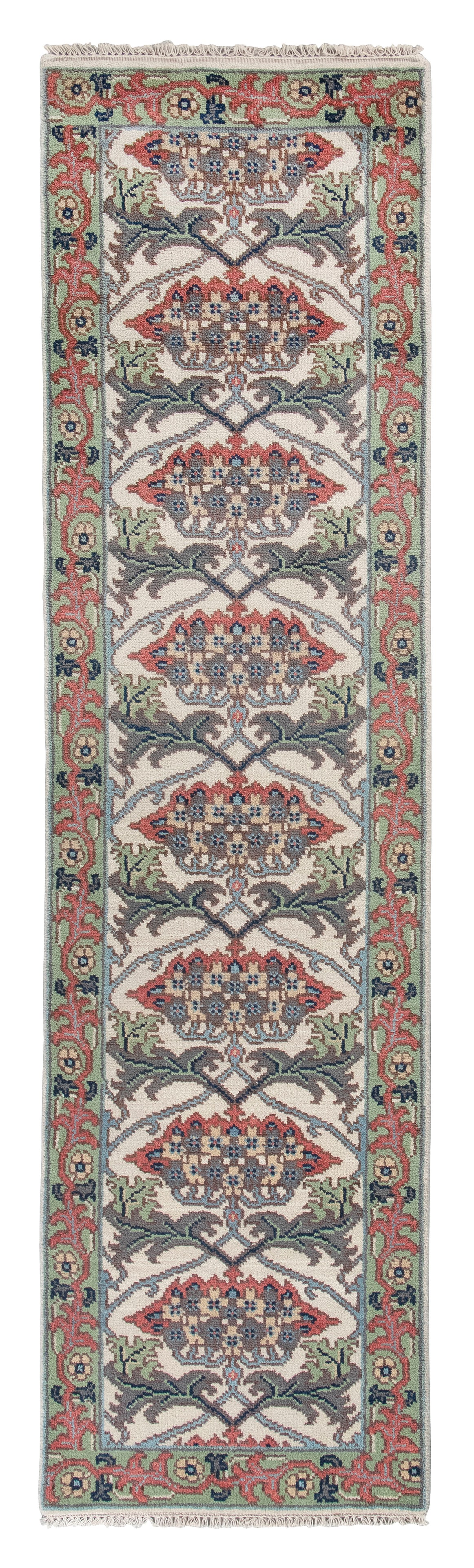WILLIAM MORRIS ARTS & CRAFTS DESIGN RUNNER: 2'8" X 10'0" 21st Century: WILLIAM MORRIS ARTS & CRAFTS DESIGN RUNNER: 2'8" X 10'0" 21st Century Bright ivory field with acanthus leaves and clusters of salmon red, dark gray and pale yellow blossoms suspended from light blue