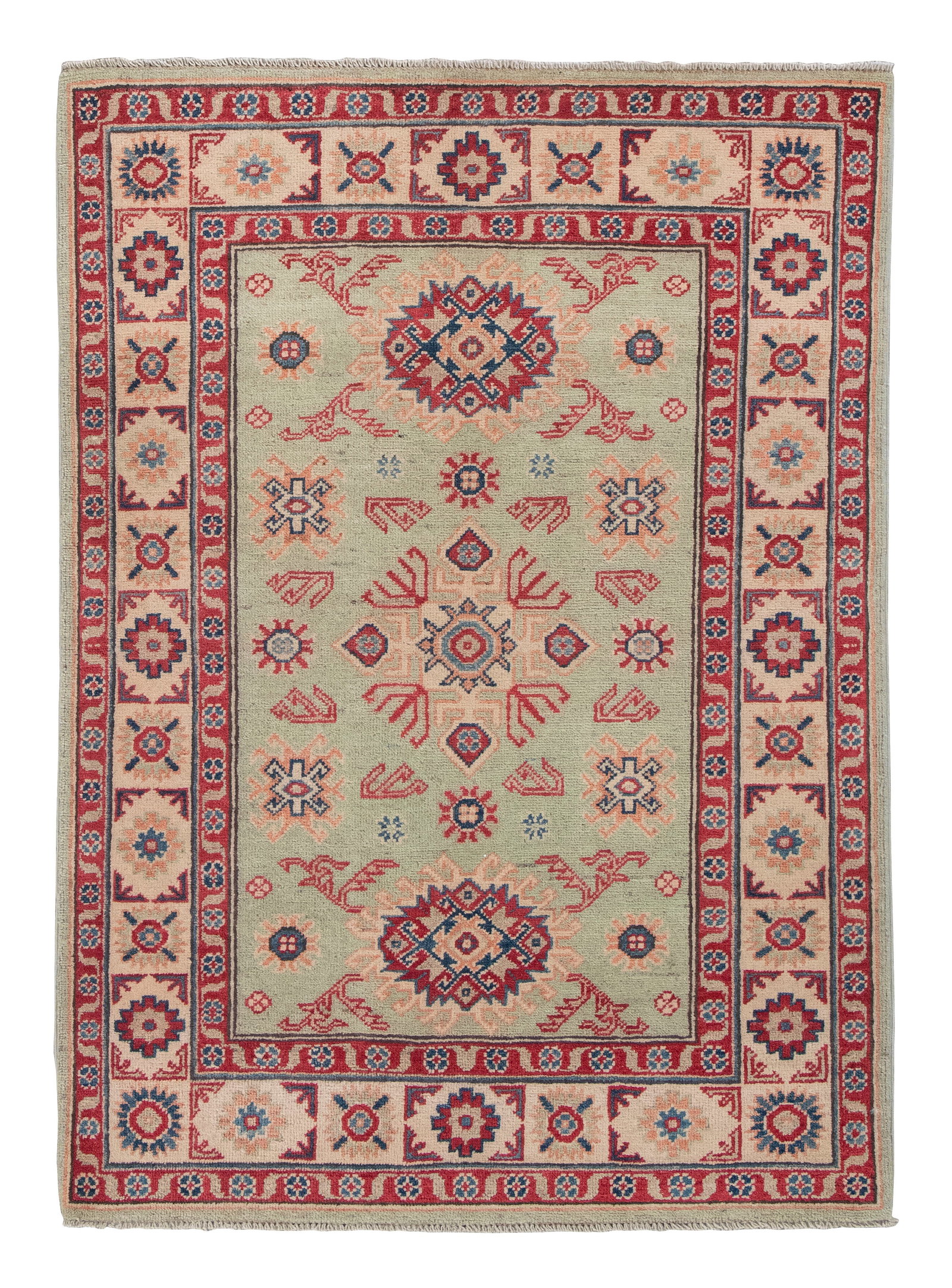 CAUCASIAN DESIGN RUG: 3'5" X 4'9" 21st Century: CAUCASIAN DESIGN RUG: 3'5" X 4'9" 21st Century Pale celadon field with geometric medallions and neatly arrayed stylized elements in dark red, dark blue, light blue and subtle shades of ivory and
