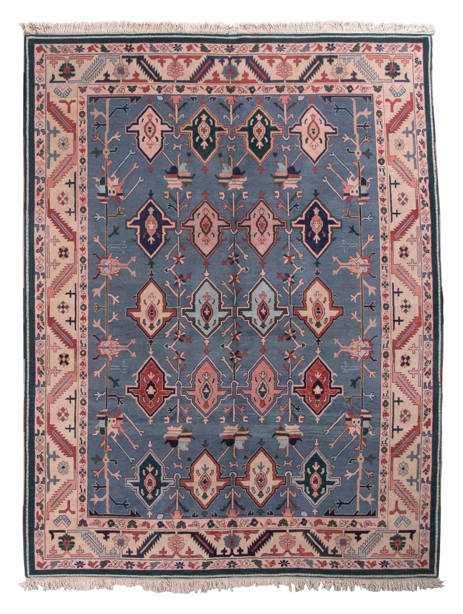 PERSIAN DESIGN RUG: 8'10" X 11"7" 21st Century: PERSIAN DESIGN RUG: 8'10" X 11"7" 21st Century Slightly abrashed marine blue field with linear vines entwined with four rows of geometric elements containing stylized blossoms, all rendered in dark re