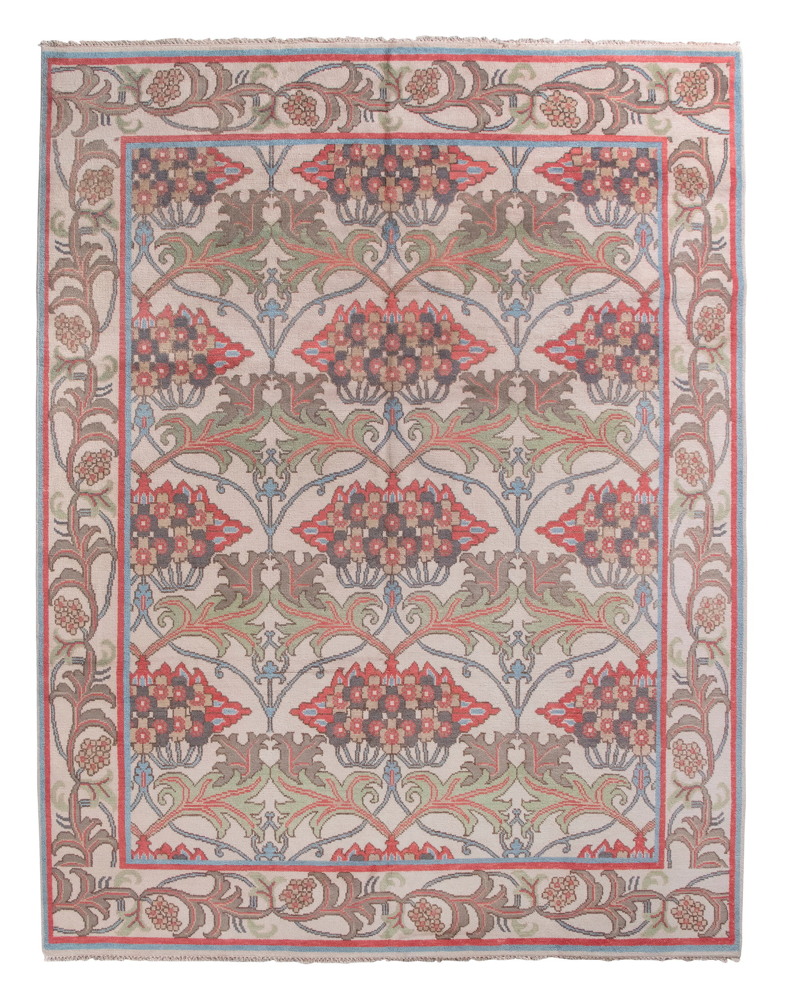 WILLIAM MORRIS ARTS & CRAFTS DESIGN RUG: 9'1" X 11'10" 21st Century: WILLIAM MORRIS ARTS & CRAFTS DESIGN RUG: 9'1" X 11'10" 21st Century Ivory field with bold floral clusters and acanthus leaves suspended on curvate vines in shades of red, gray khaki, light blue and