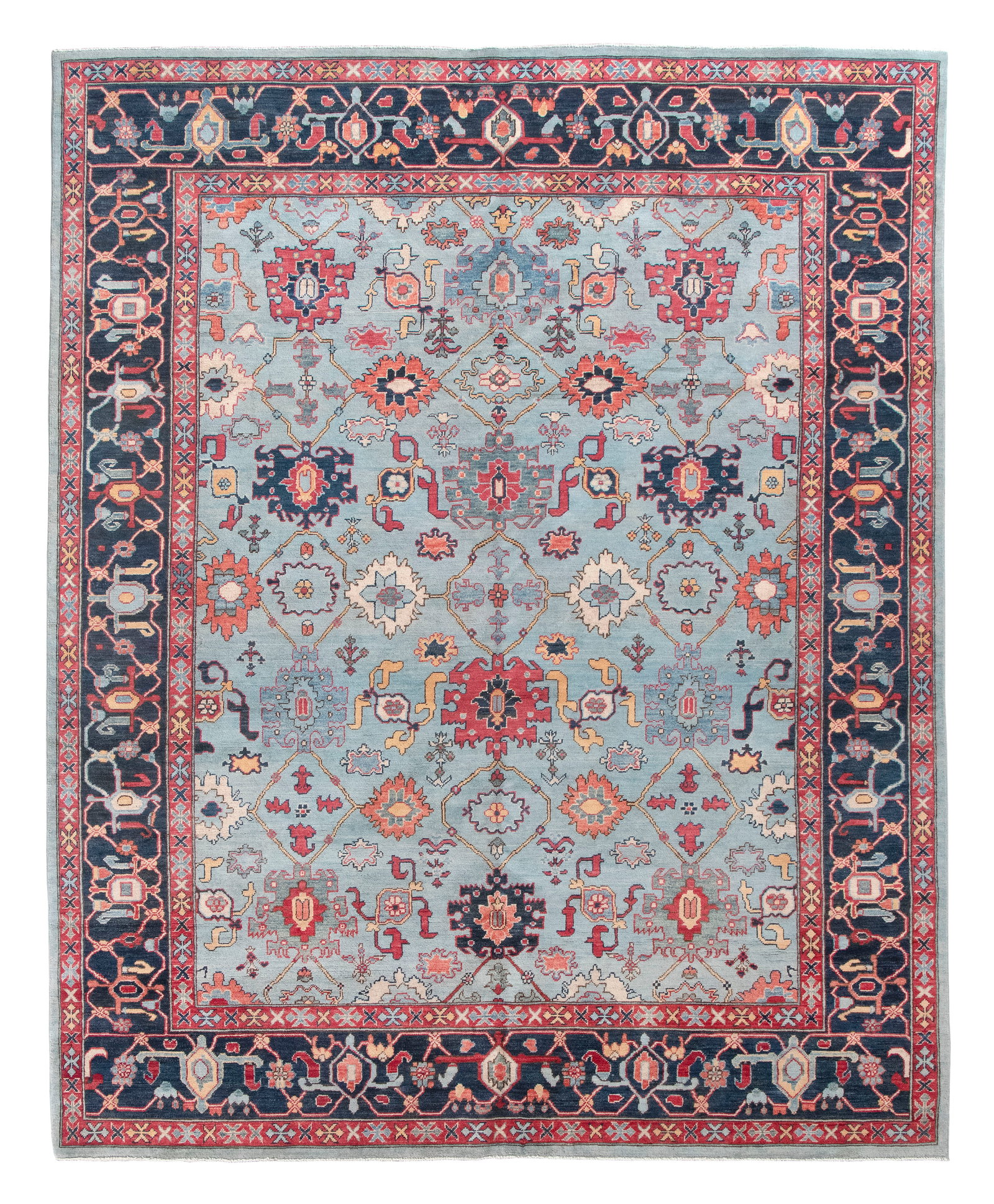 MAHAL DESIGN RUG: 7'10" X 9'9" 21st Century: MAHAL DESIGN RUG: 7'10" X 9'9" 21st Century Light blue field with traditional arrangement of stylized blossoms suspended on delicate vines, all rendered in shades of red, navy blue, light blue, pale