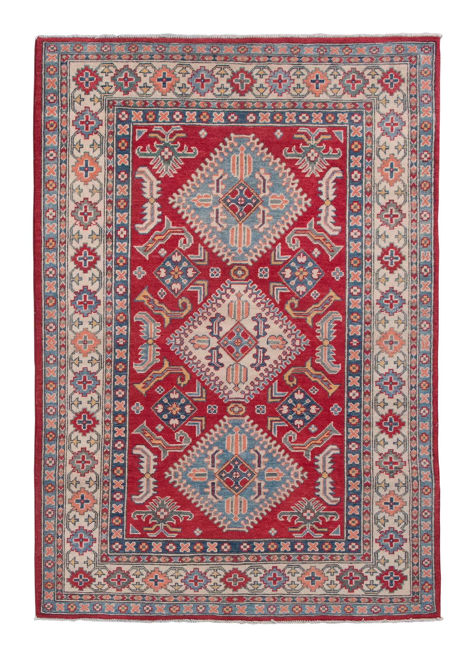CAUCASIAN DESIGN RUG: 4'1" X 6'0" 21st Century: CAUCASIAN DESIGN RUG: 4'1" X 6'0" 21st Century Rich red field with three light blue and ivory geometric medallions containing and surrounded by bracketed pairs of stylized ivory, green, gold and