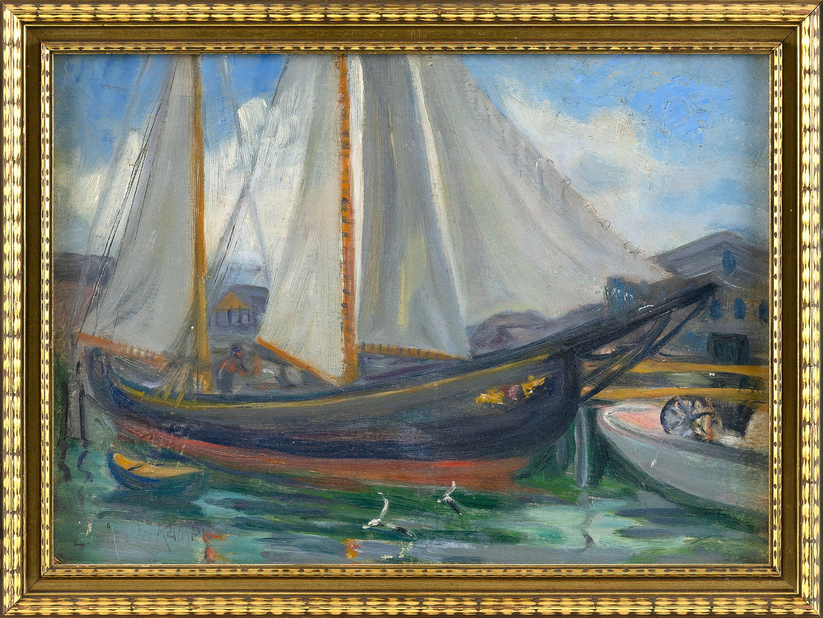 LOUISE MARY WAHL KAMP (New York, 1867-1959), Harbor scene., Oil on board, 10" x 14". Framed 11.5" x: LOUISE MARY WAHL KAMP New York, 1867-1959 Harbor scene. Signed lower left "Louise Kamp". Oil on board, 10" x 14". Framed 11.5" x 15.5".