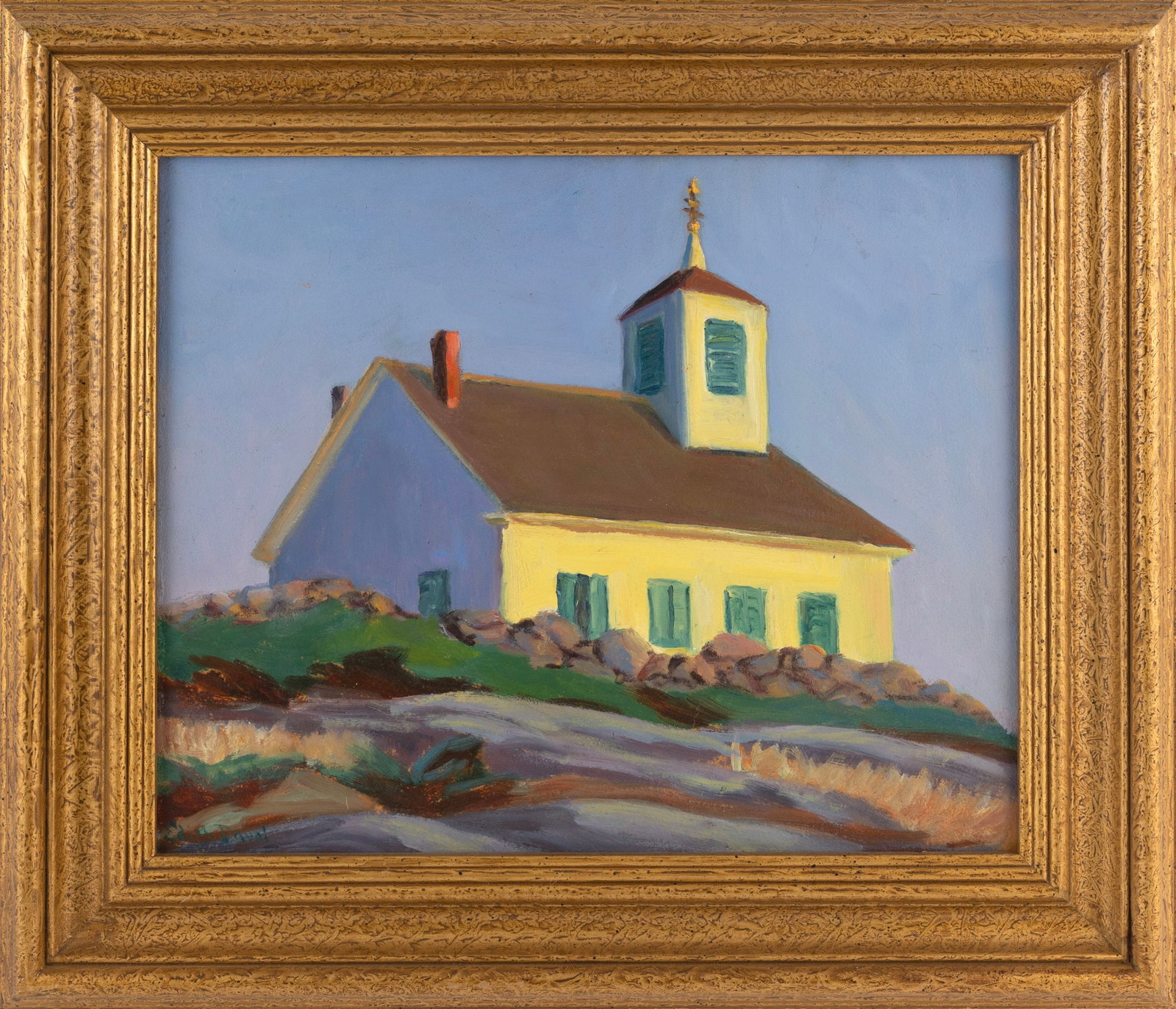 EDITH DAVOL (America, 1875-1950), Church on a hill., Oil on board, 14" x 17". Framed 19.5" x 22.5". (1 of 2)