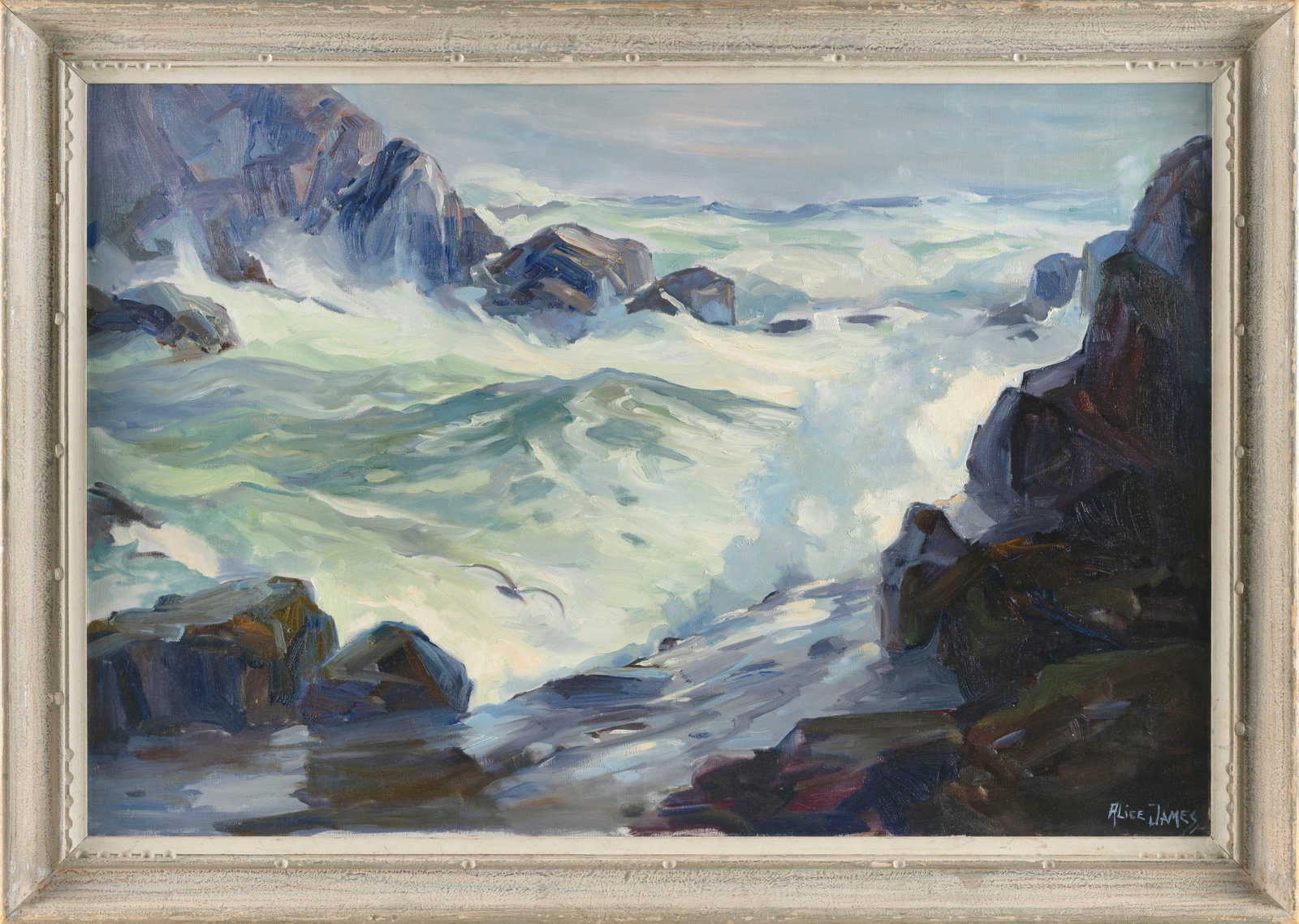 ALICE ESTELLE MOFFATT JAMES (Massachusetts, 1889-1970), Crashing surf., Oil on canvas, 24" x 36". (1 of 2)