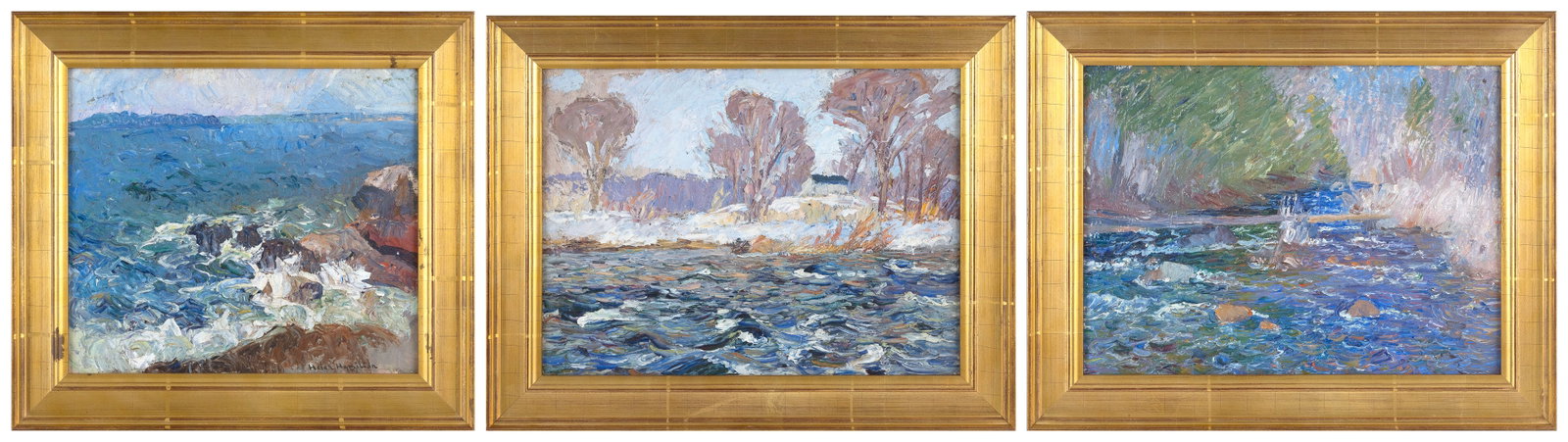 HELEN HAMILTON (New York, 1889-1970), Three seascapes., Oils on board, the largest 12" x 16". Framed: HELEN HAMILTON New York, 1889-1970 Three seascapes. One signed lower right "Helen Hamilton". Other two unsigned. Oils on board, the largest 12" x 16". Framed to 15.5" x 19.5".