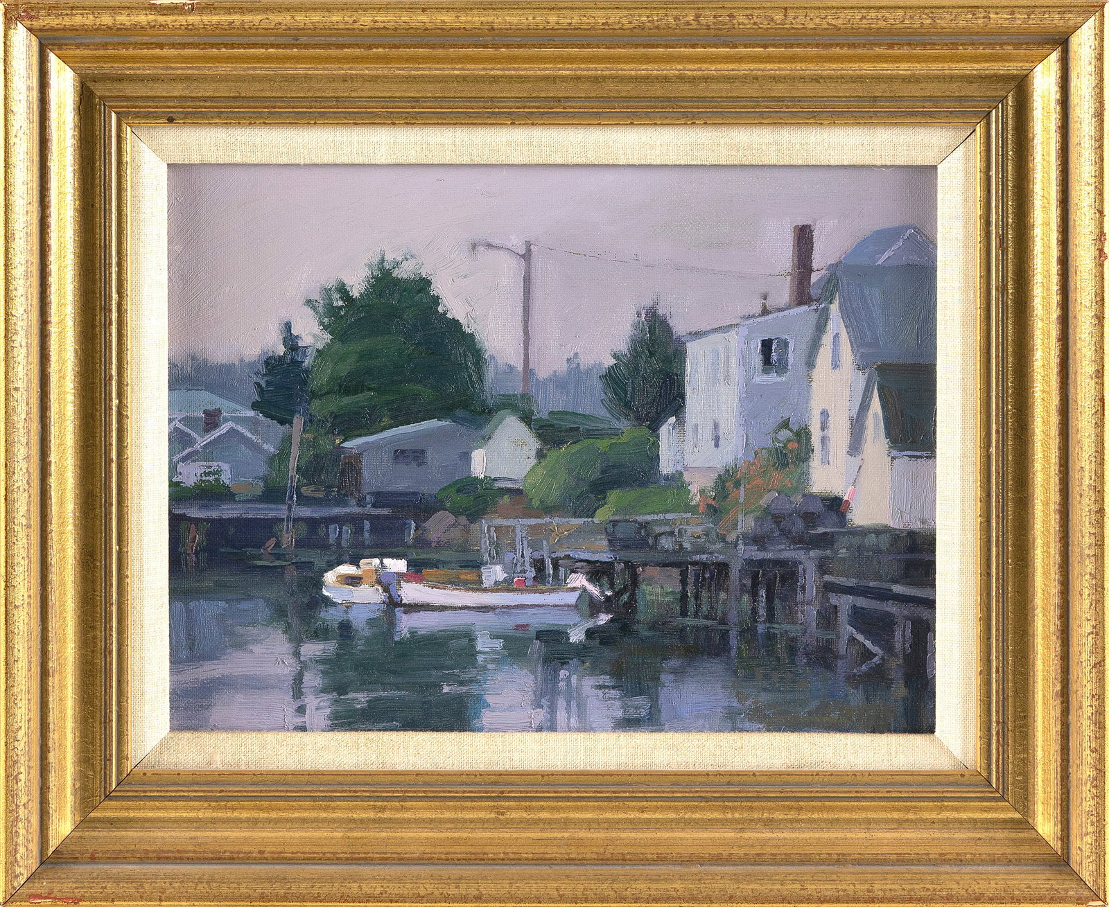 CHRISTOPHER M. MAGADINI (Massachusetts, 1946-), Harborfront scene with small boats at dock., Oil on (1 of 2)