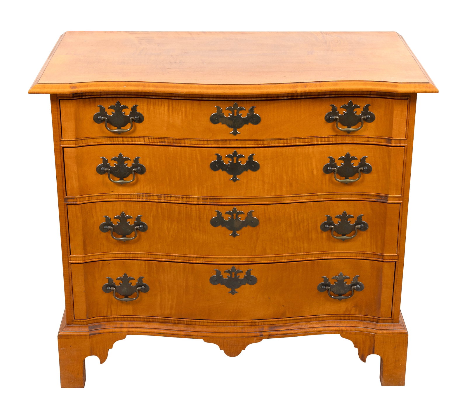 ELDRED WHEELER TIGER MAPLE SERPENTINE-FRONT BUREAU Massachusetts, 20th Century Height 33". Width (1 of 2)