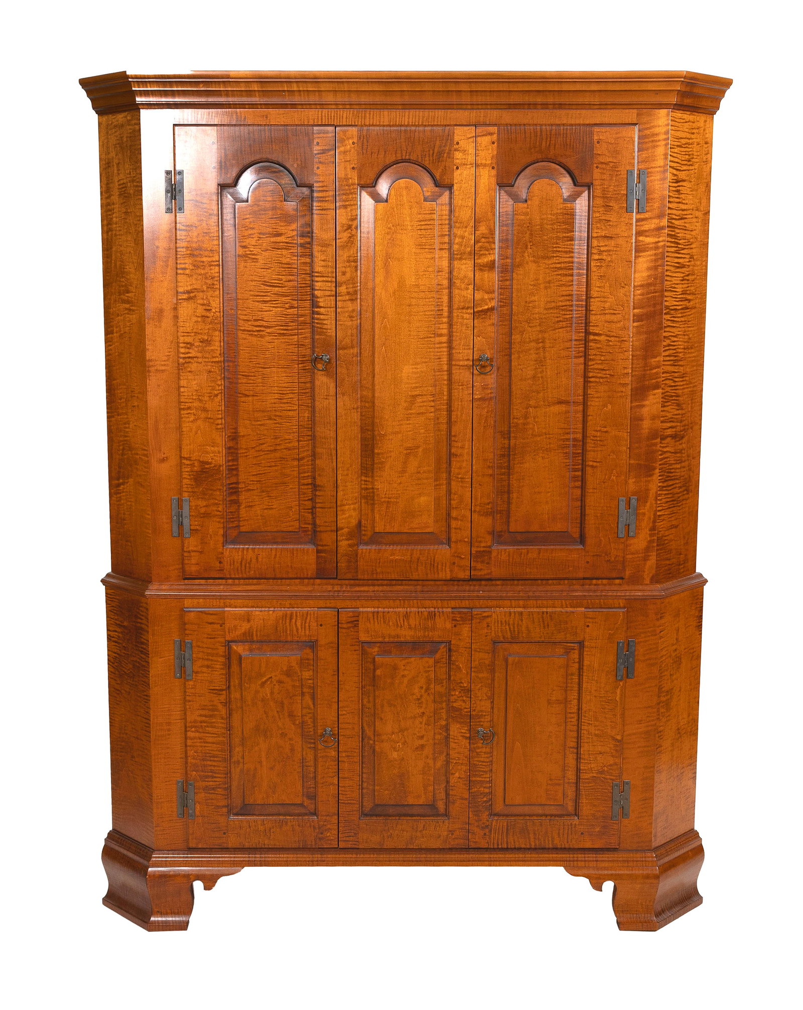 ELDRED WHEELER STRONGLY FIGURED TIGER MAPLE TWO-PART CORNER CUPBOARD Massachusetts, 20th Century (1 of 2)