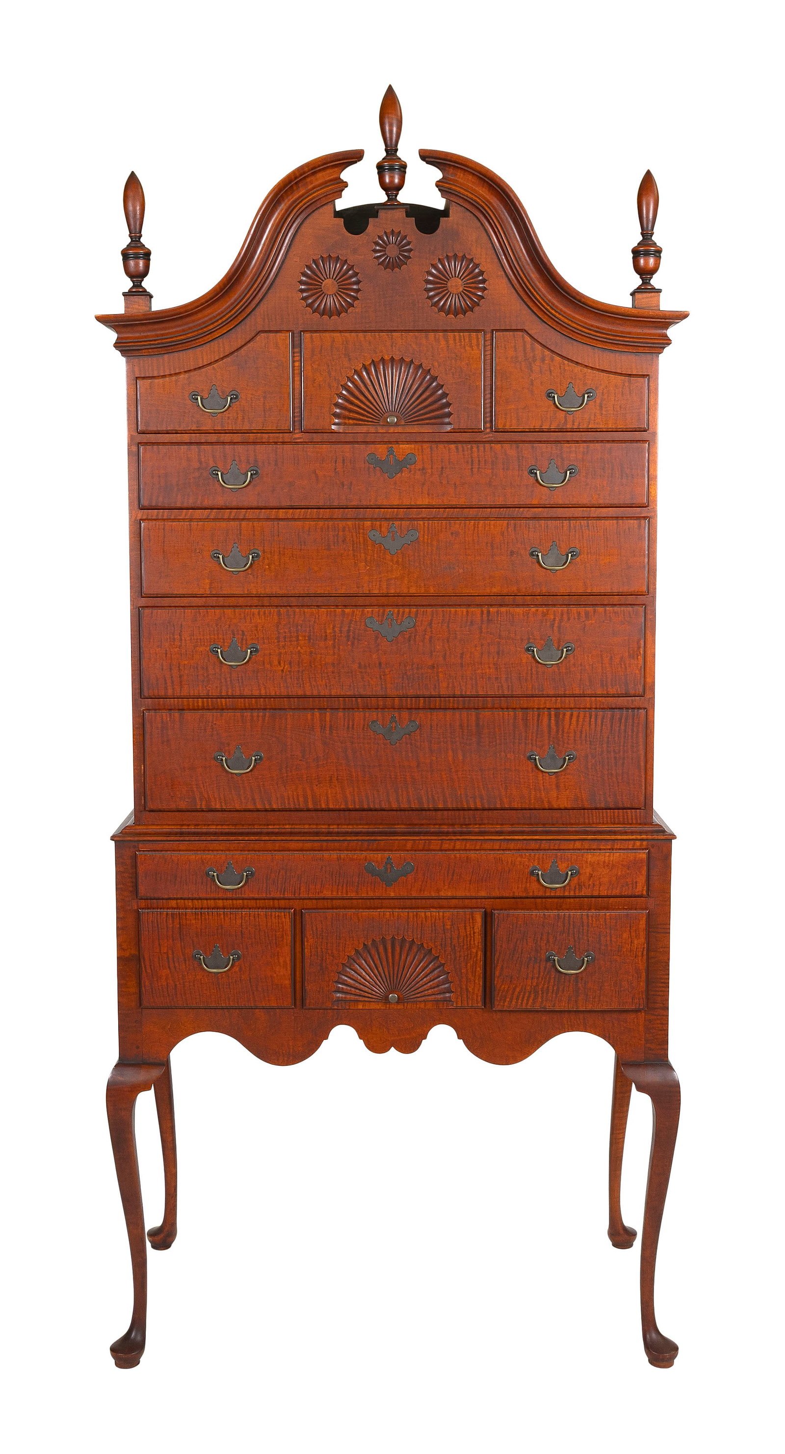 ELDRED WHEELER FIGURED MAPLE TWO-PART HIGHBOY Massachusetts, 20th Century Height 87.5". Width 38". (1 of 1)