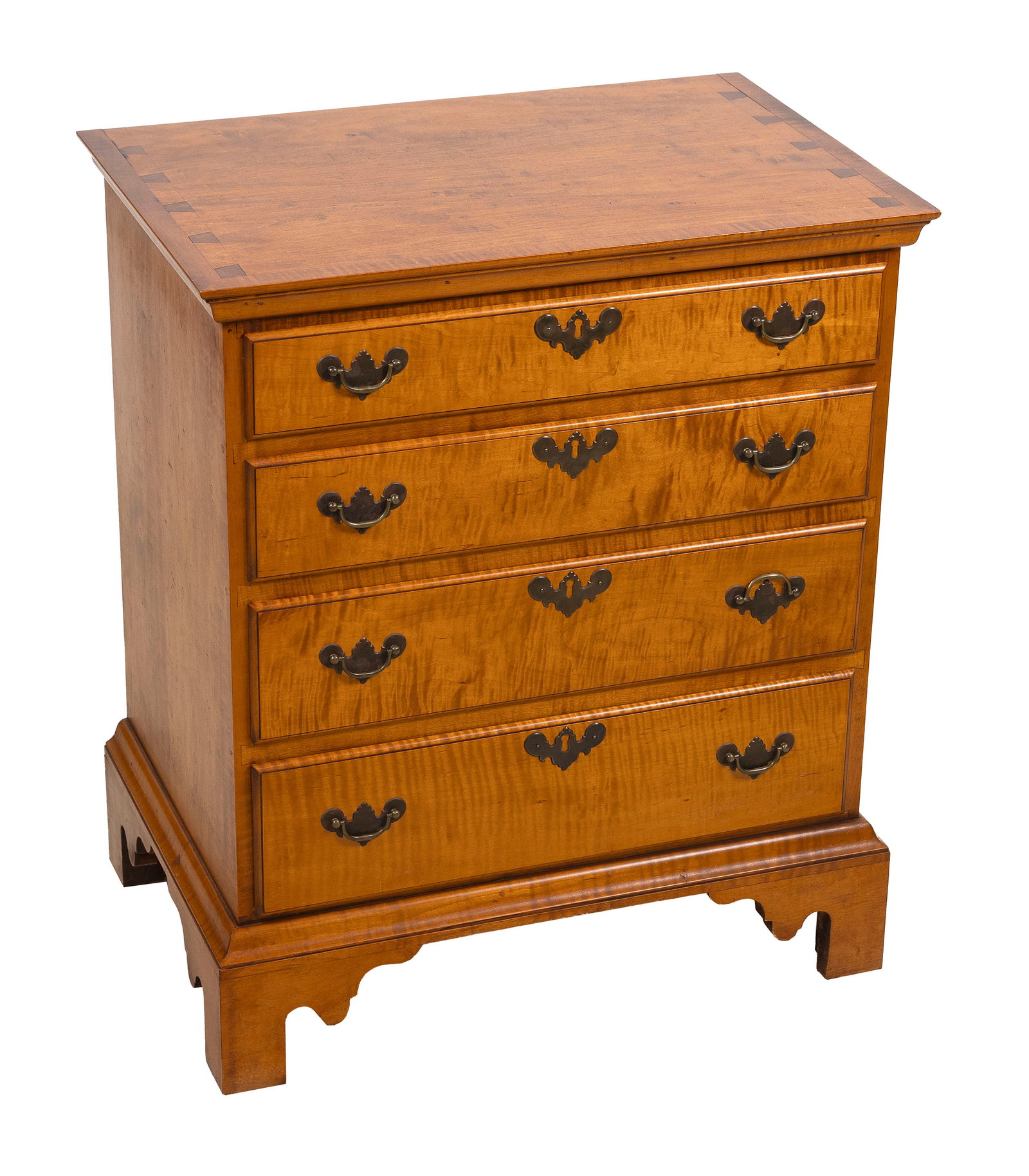 DIMINUTIVE ELDRED WHEELER CURLY MAPLE CHEST Massachusetts, 20th Century Height 28.5". Width 24". (1 of 2)