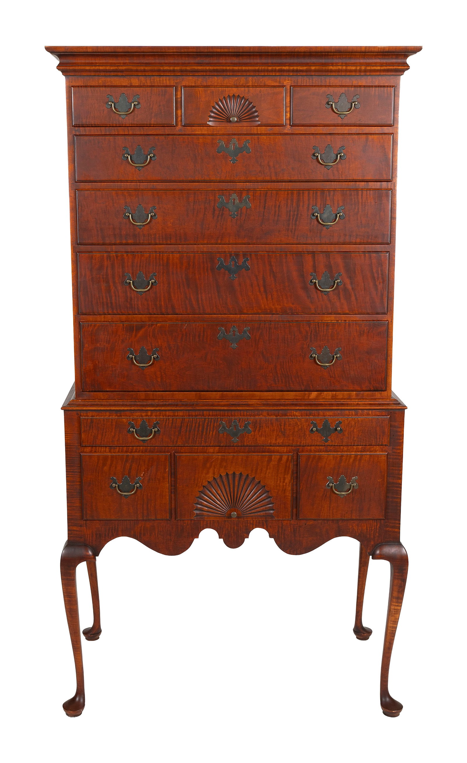 ELDRED WHEELER QUEEN ANNE-STYLE TIGER MAPLE FLAT-TOP HIGHBOY Massachusetts, 20th Century Height 71". (1 of 1)