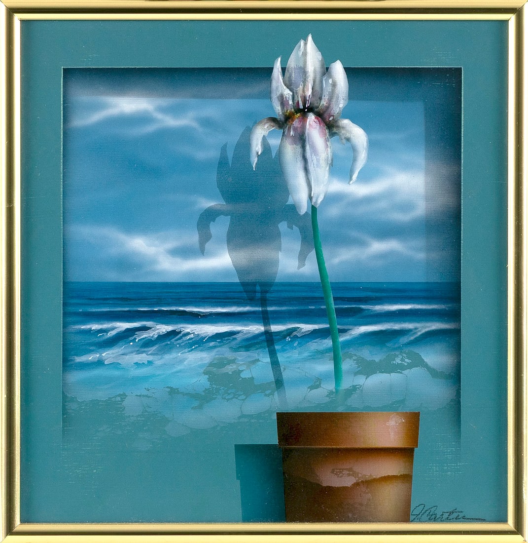 JAMES CARTER (Connecticut, 1948-), Tromp l'oeil of a potted orchid and waves., Oil on board, 9" x (1 of 2)