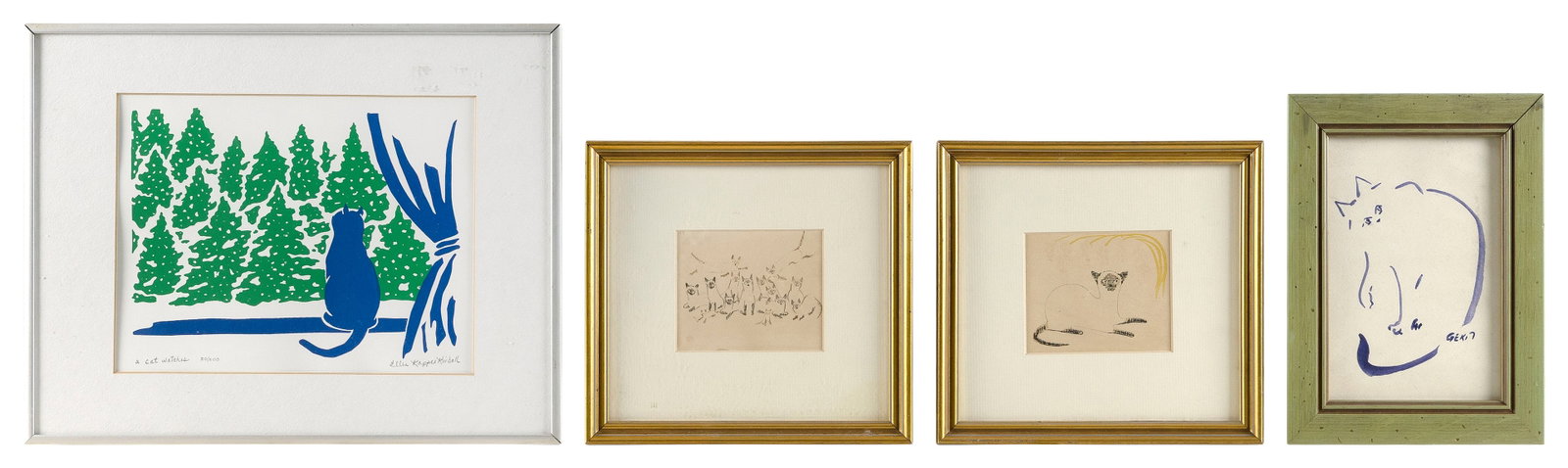 FOUR WORKS FEATURING CATS To 7.5" x 9.5" sight. Framed to 11" x 14". (1 of 2)