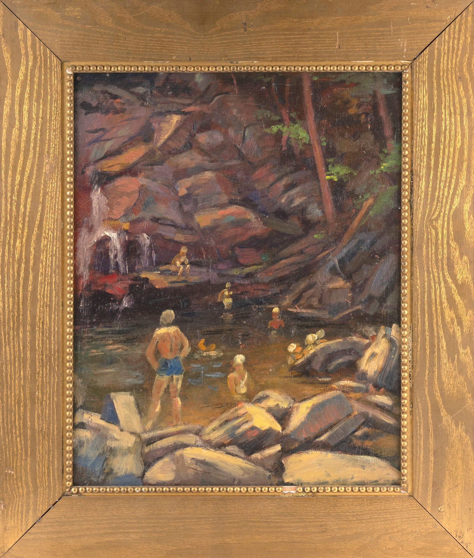 AMERICAN SCHOOL (20th Century,), The swimming hole., Oil on masonite, 20" x 16". Framed 26" x 22". (1 of 2)