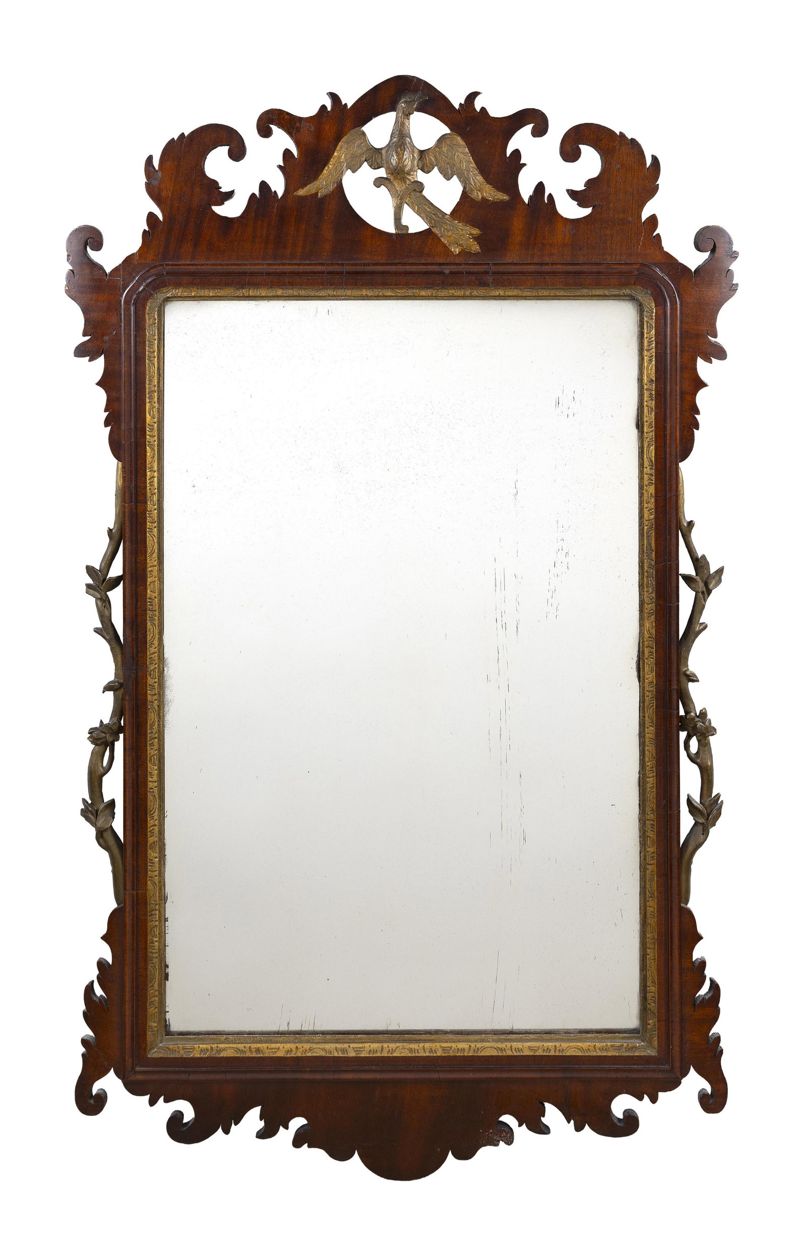 CHIPPENDALE MAHOGANY AND PARCEL GILT WALL MIRROR Circa 1770 Height 43". Width 24.5". (1 of 2)