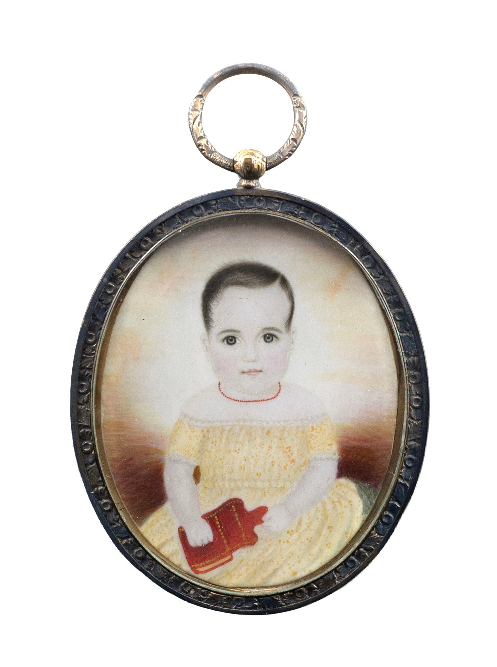 ATTRIBUTED TO MRS. MOSES B. (CLARISSA PETERS) RUSSELL (Massachusetts/New Hampshire, 1809-1854),: ATTRIBUTED TO MRS. MOSES B. (CLARISSA PETERS) RUSSELL Massachusetts/New Hampshire, 1809-1854 Portrait miniature on ivory of a child wearing a yellow dress and a coral bead necklace and holding a red b