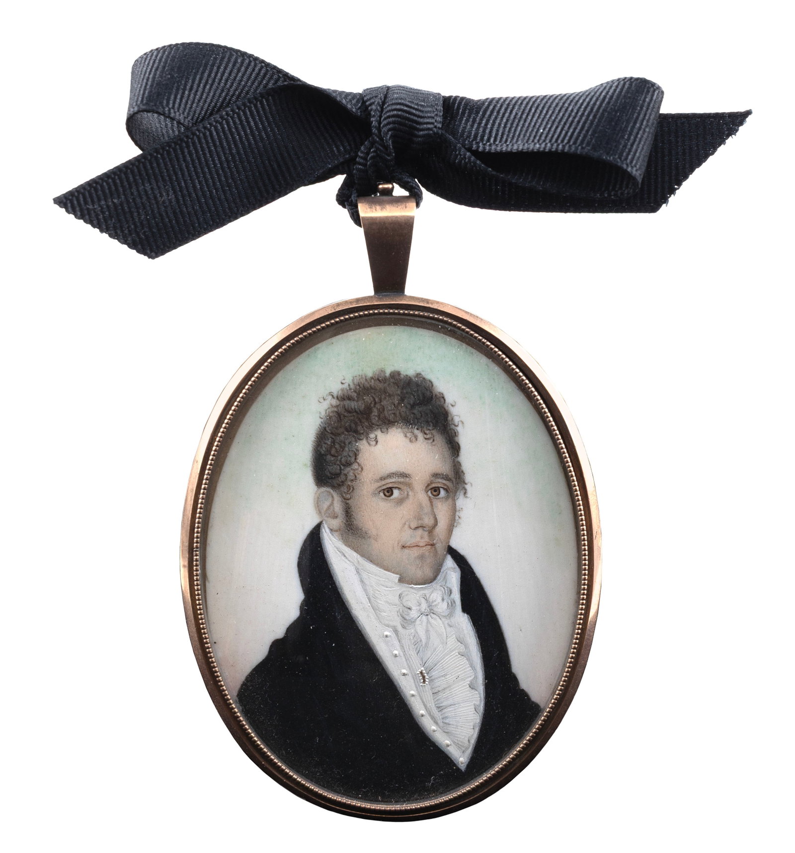AMERICAN SCHOOL (19th Century,), Portrait miniature on ivory of a young man, Watercolor, 2.75" x: AMERICAN SCHOOL 19th Century Portrait miniature on ivory of a young man with curly hair and sideburns, dressed in a white ruffled shirt and black coat. Housed in a gilt metal pendant frame with an ape