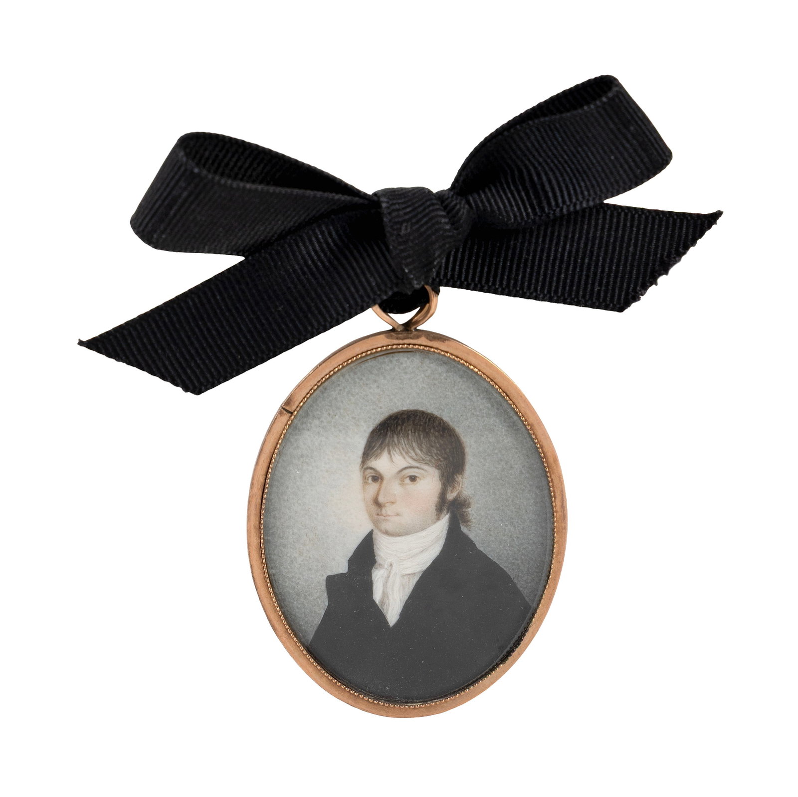 AMERICAN SCHOOL (Early 19th Century,), Portrait miniature on ivory of a young man, Watercolor, 2.25": AMERICAN SCHOOL Early 19th Century Portrait miniature on ivory of a young man with long hair and sideburns, dressed in white stock and a black coat. Housed in a gilt metal pendant frame with an apertu