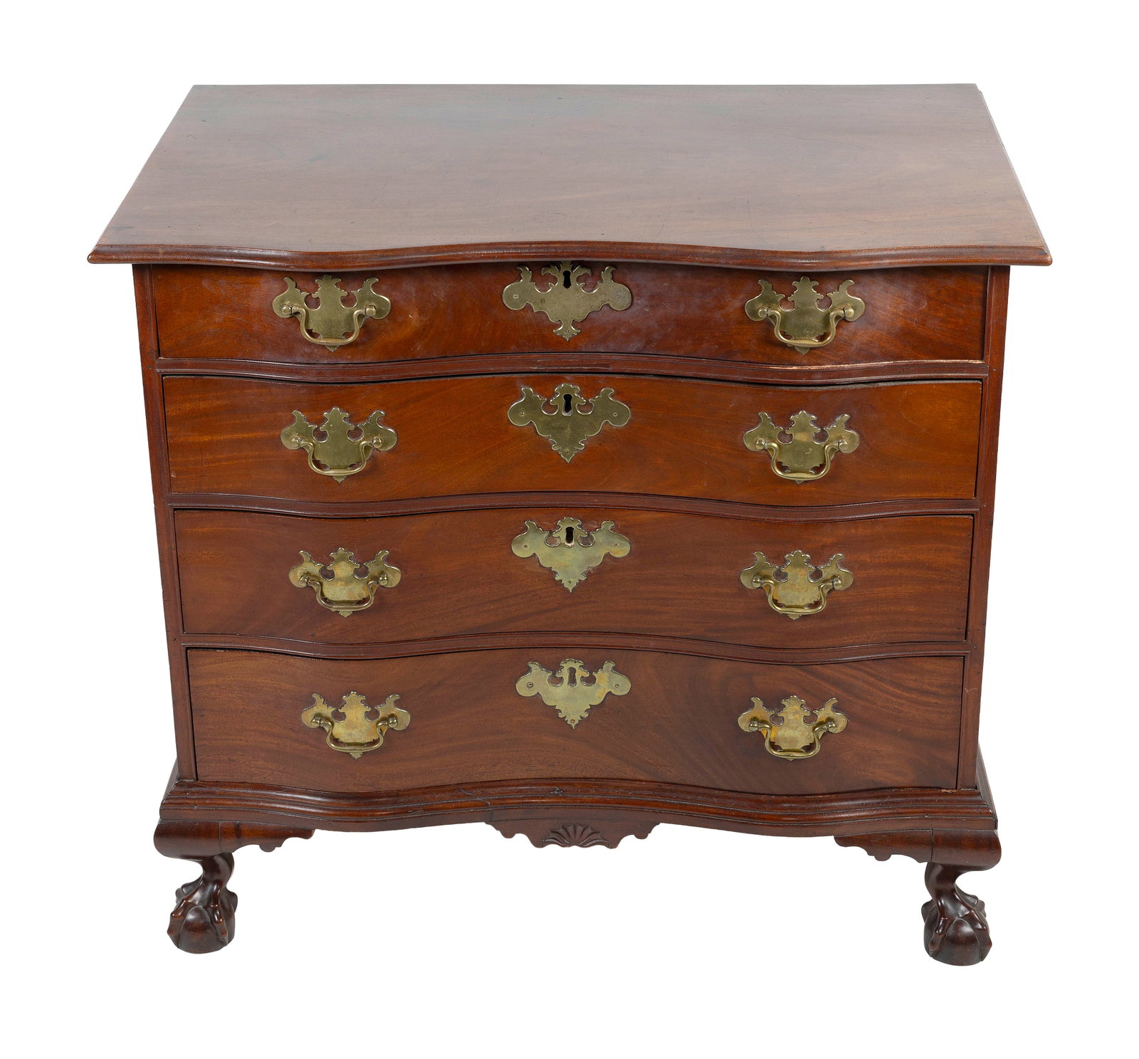 CHIPPENDALE MAHOGANY OXBOW BUREAU ATTRIBUTED TO JOHN COGSWELL Boston, Circa 1770 Height 32.75". (1 of 6)