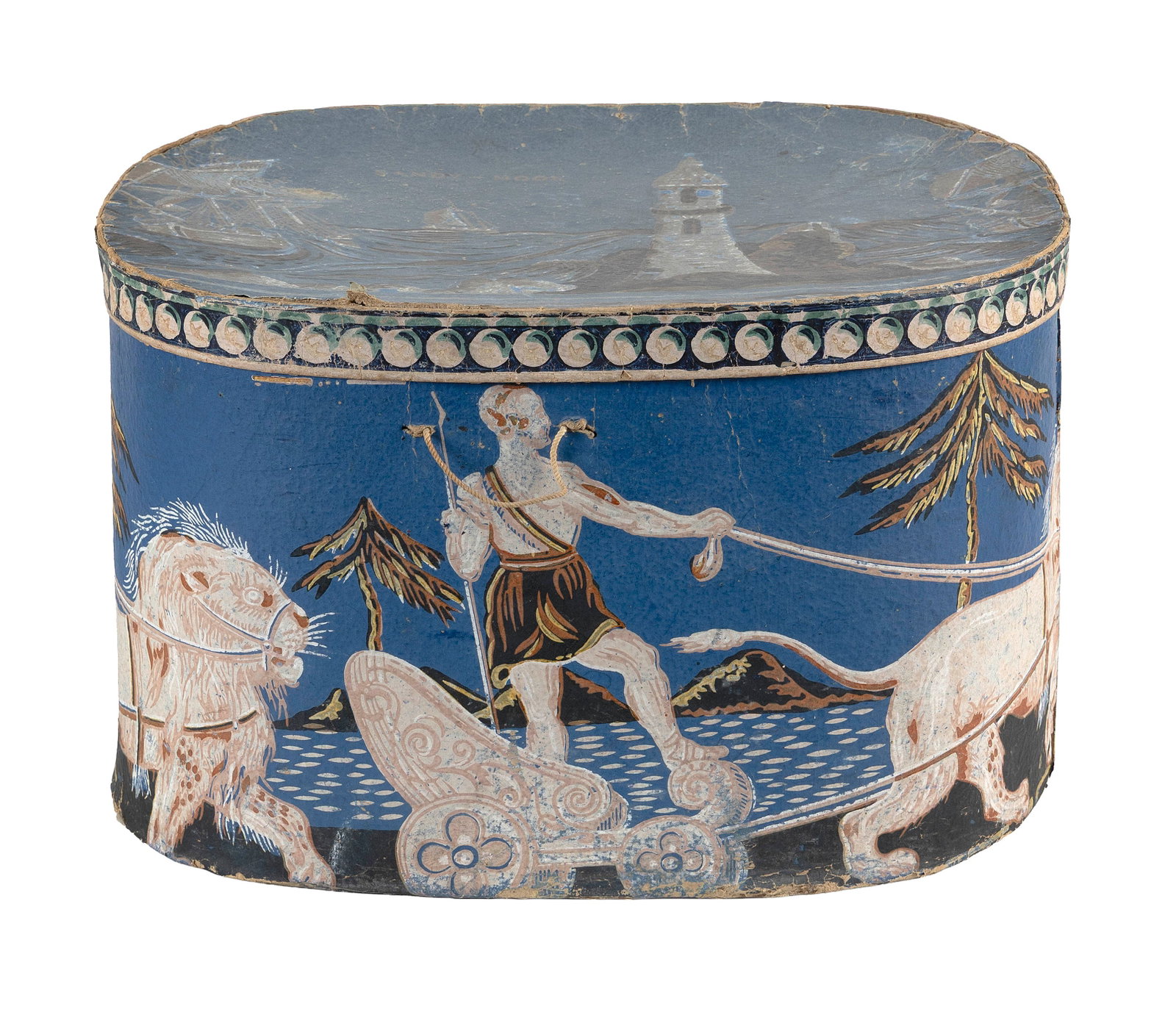 HENRY CUSHING & CO. WALLPAPER-COVERED HAT BOX Providence, Rhode Island, 19th Century Height 13". (1 of 7)