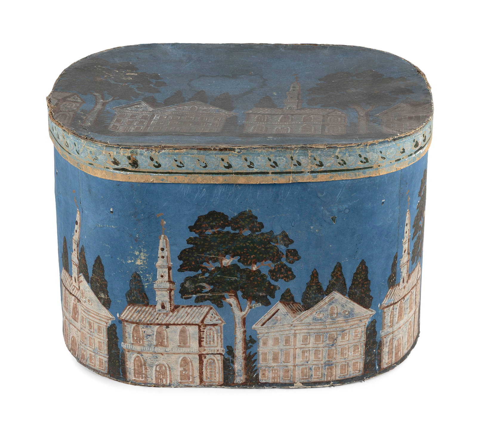 WALLPAPER-COVERED HAT BOX Probably New England, 19th Century Height 13.5". Length 20.25". (1 of 8)