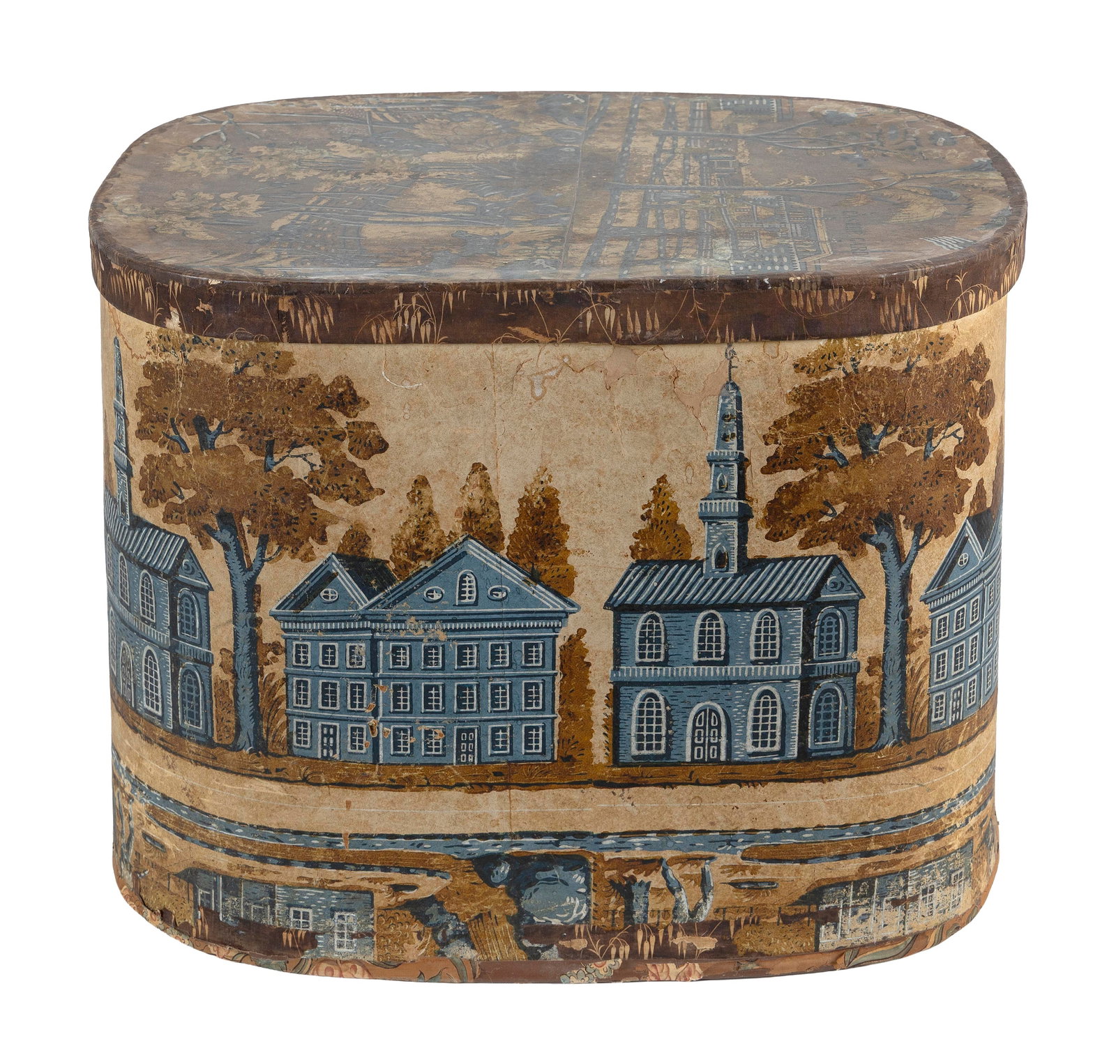 WALLPAPER-COVERED HAT BOX New England, Circa 1820-?1830 Height 16.5". Length 21.25". (1 of 6)
