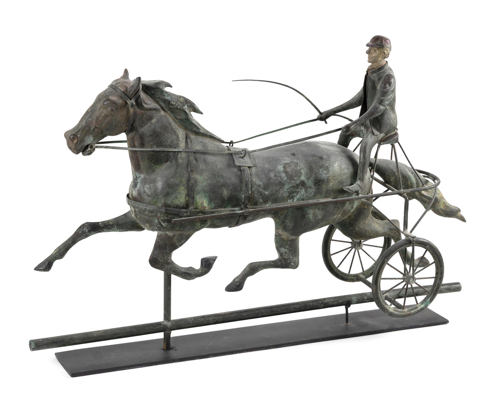 PARTIALLY GILDED COPPER HORSE AND SULKY WEATHER VANE New England, Late 19th Century Total height (1 of 5)