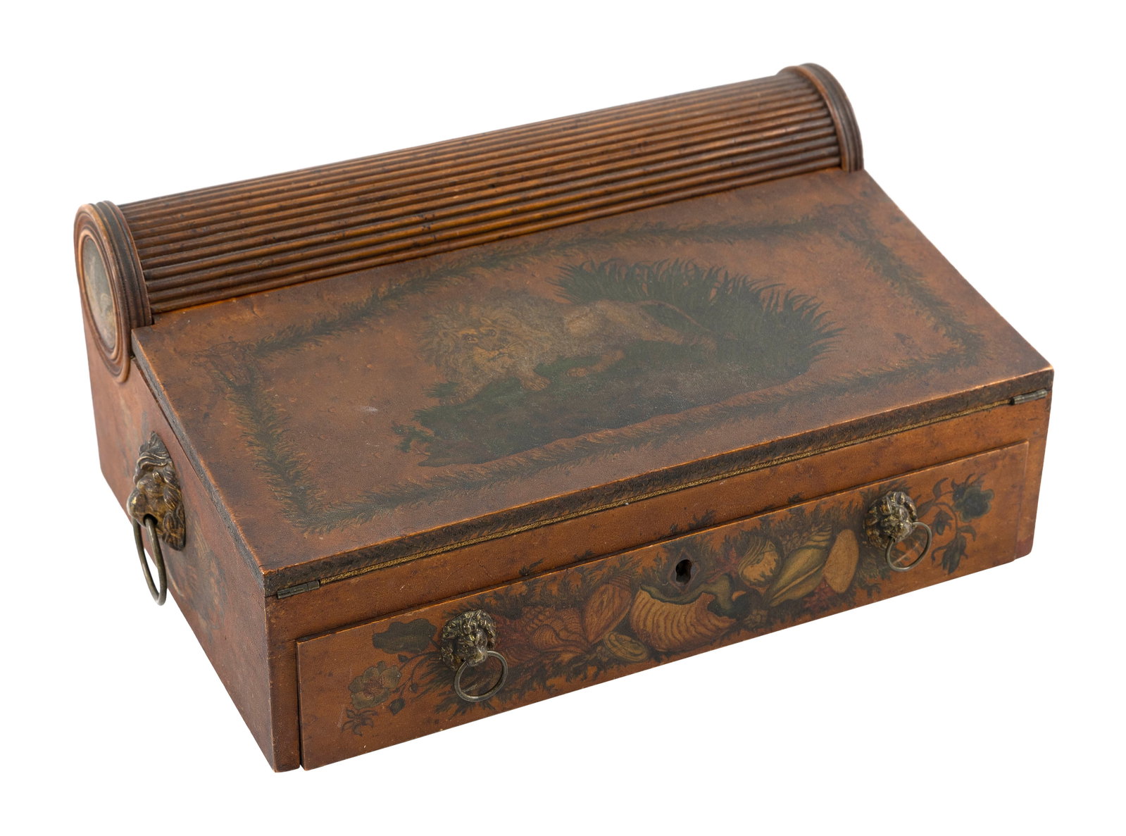 VERY FINE SATINWOOD TAMBOUR PORTABLE DESK ATTRIBUTED TO JOHN AND THOMAS SEYMOUR, WITH PAINTED: VERY FINE SATINWOOD TAMBOUR PORTABLE DESK ATTRIBUTED TO JOHN AND THOMAS SEYMOUR, WITH PAINTED DECORATION ATTRIBUTED TO JOHN RITTO PENNIMAN Circa 1800-1810 Opening the single drawer at front activates 