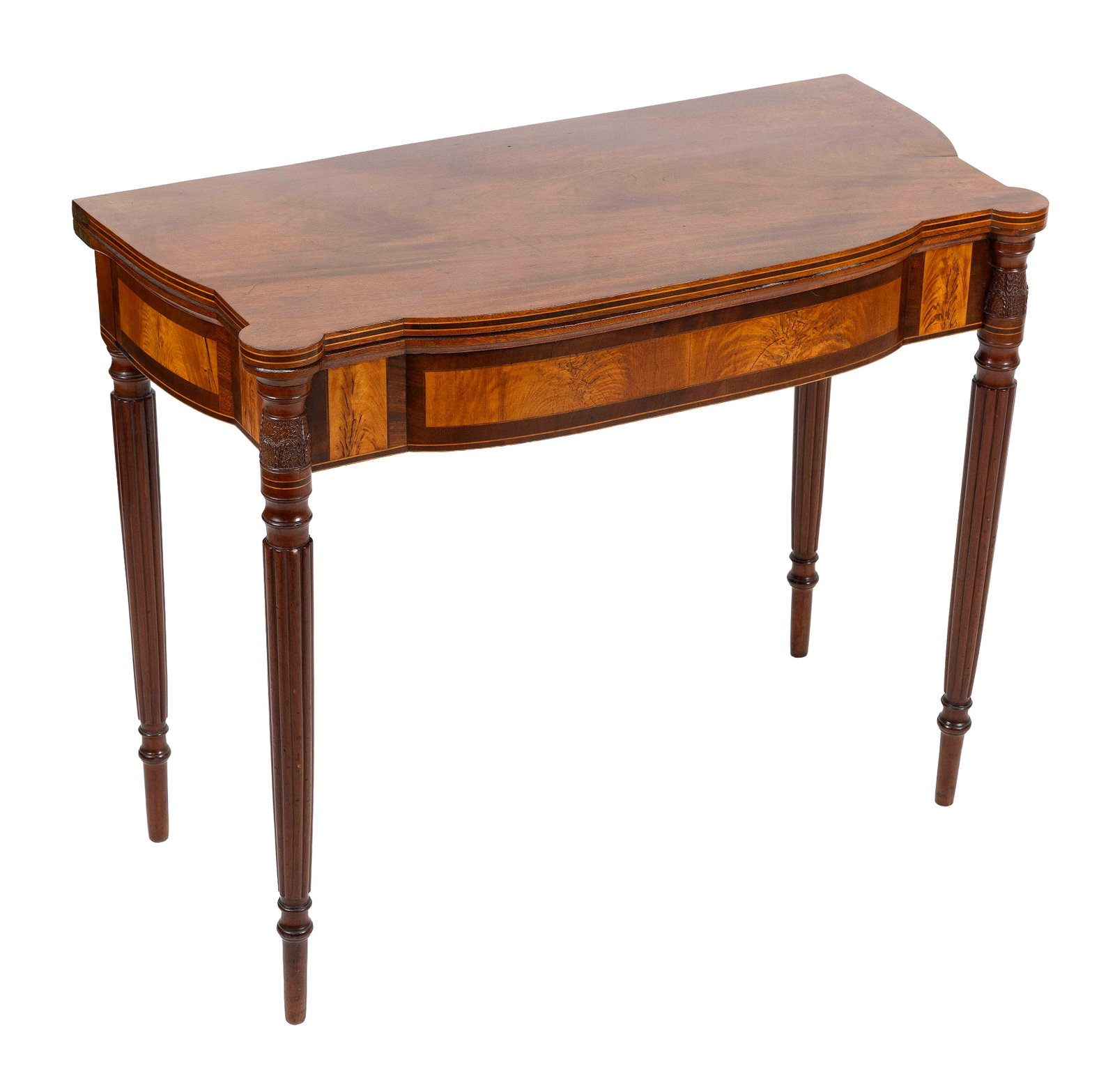 FEDERAL INLAID AND CARVED MAHOGANY CARD TABLE Massachusetts, Circa 1800 Height 29.5". Width 34". (1 of 7)