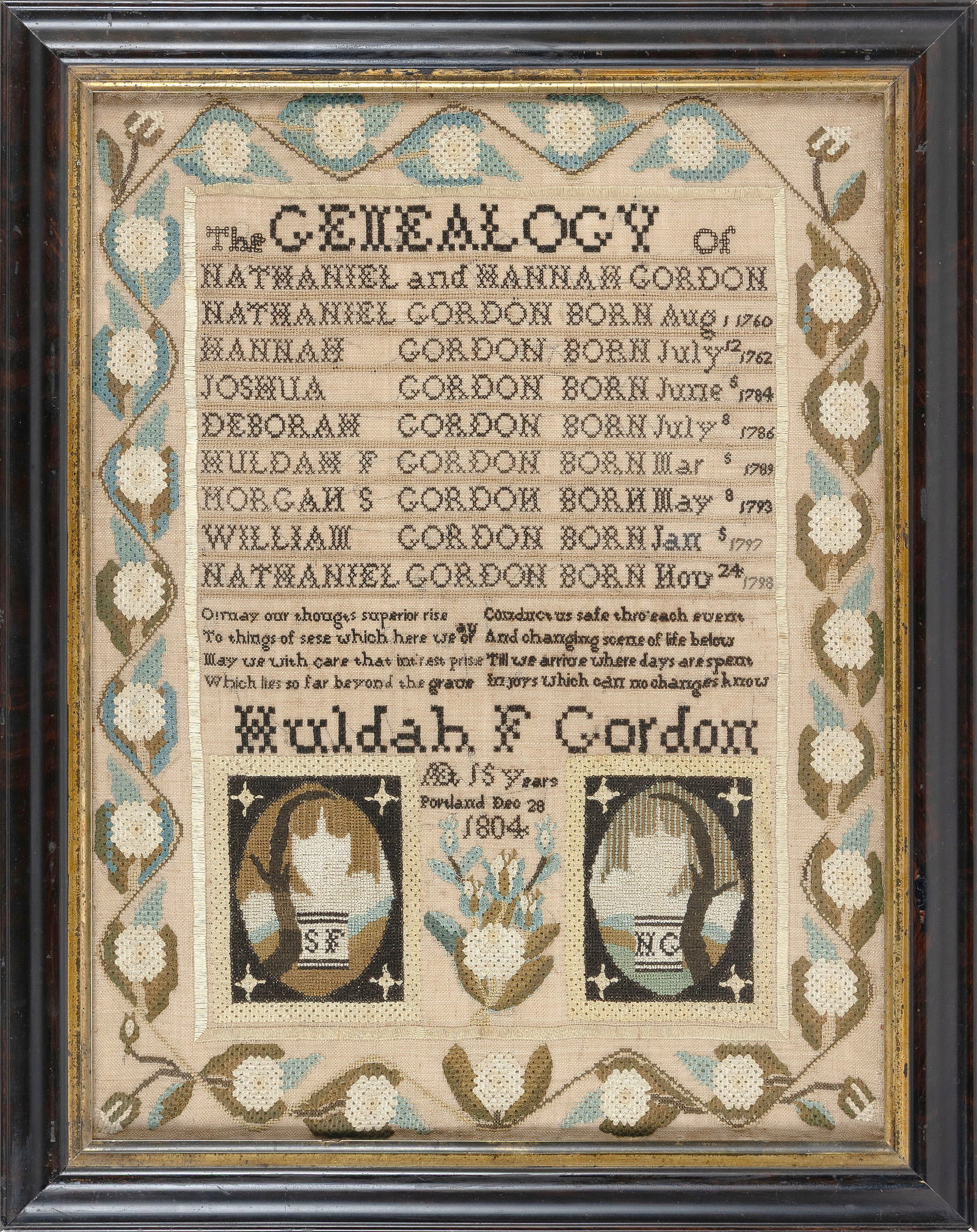 OUTSTANDING NEEDLEWORK FAMILY RECORD New England, Circa 1804 22.5" x 16.75" sight. Framed 26.25" x: OUTSTANDING NEEDLEWORK FAMILY RECORD New England, Circa 1804 "The Genealogy of Nathaniel and Hannah Gordon" wrought by "Huldah F. Gordon Ae 15 Years Portland Dec 28 1804". Lists Nathaniel, born in 176