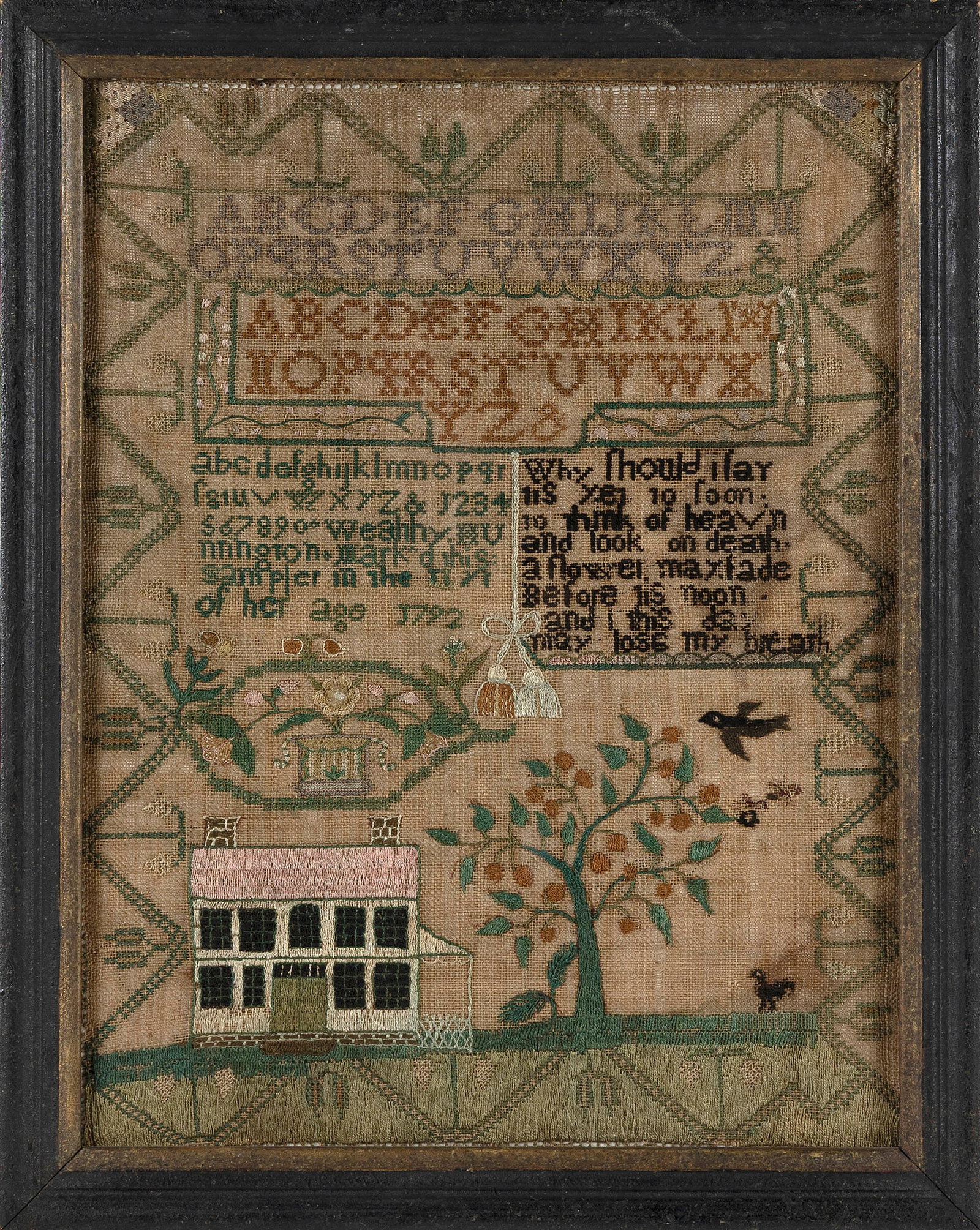 ESSEX COUNTY, MASSACHUSETTS NEEDLEWORK SAMPLER Probably Marblehead, Late 18th Century 15.25" x 11.5" (1 of 2)