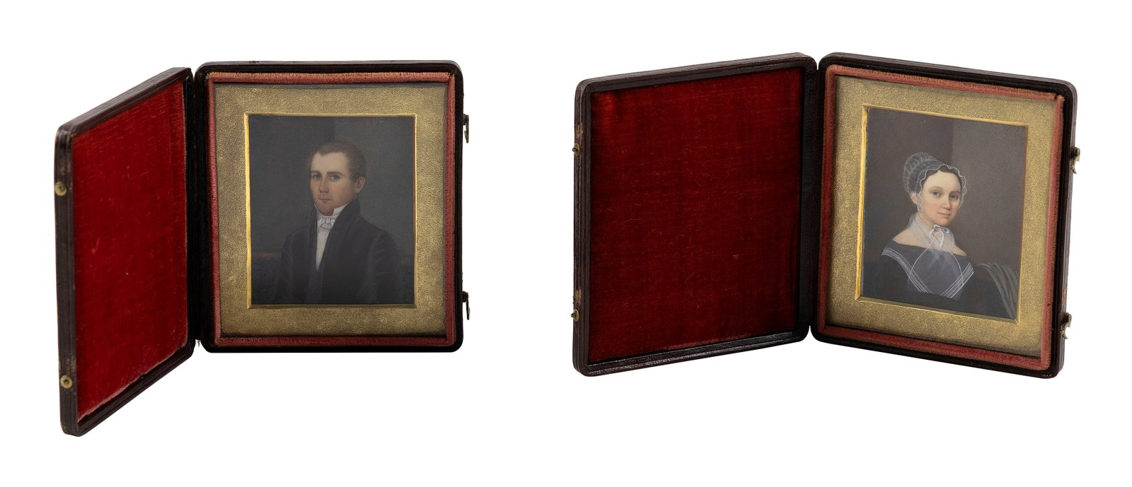 AMERICAN SCHOOL (19th Century,), Pair of portrait miniatures on ivory of a lady and a gentleman,: AMERICAN SCHOOL 19th Century Pair of portrait miniatures on ivory of a lady and a gentleman, believed to be a Quaker couple. Posed on the same sofa in the corner of a dark room. Lady in a gossamer bon
