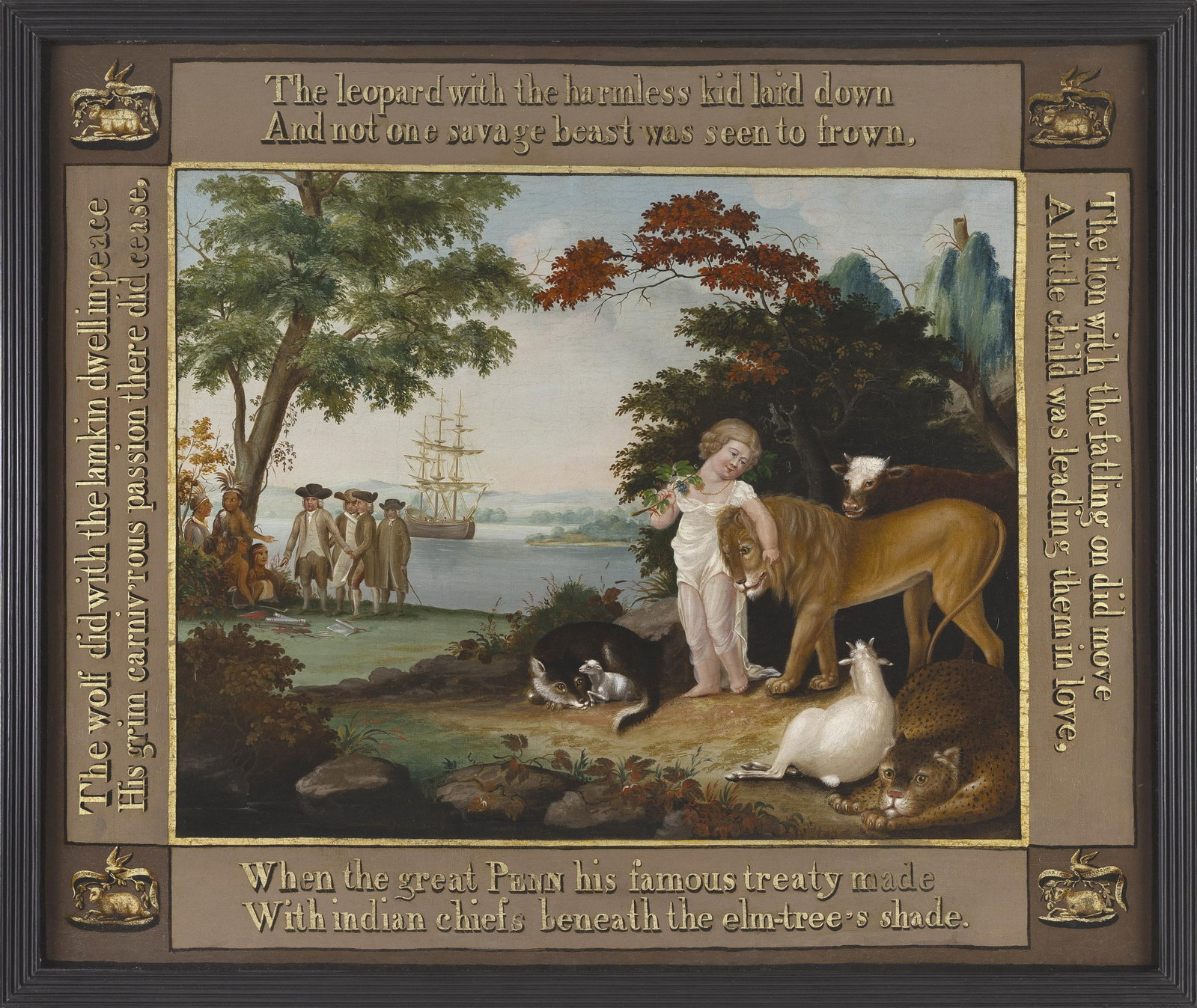EDWARD HICKS (Pennsylvania, 1780-1849), "Peaceable Kingdom" with Rhymed Borders, circa 1825., Oil on (1 of 6)
