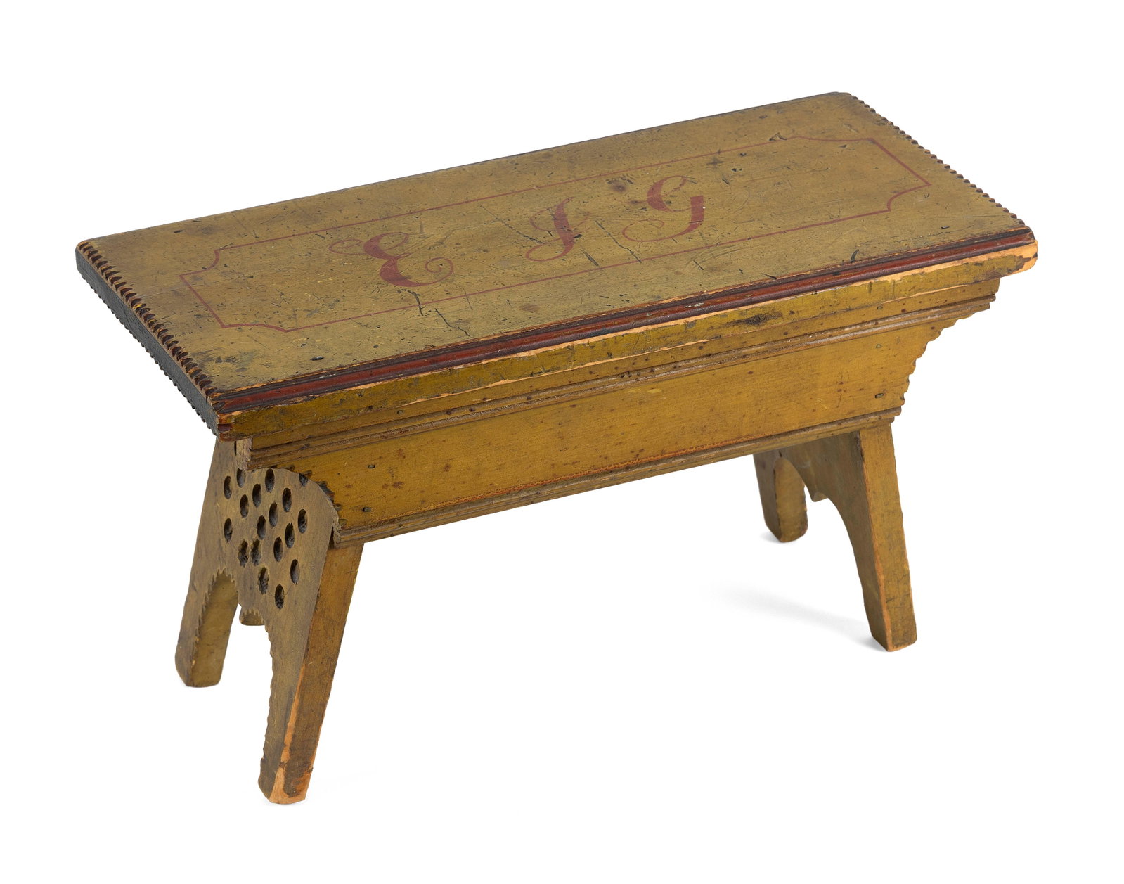 PAINT-DECORATED FOOTSTOOL Probably Pennsylvania, 19th Century Height 10". Length 17.5". (1 of 4)